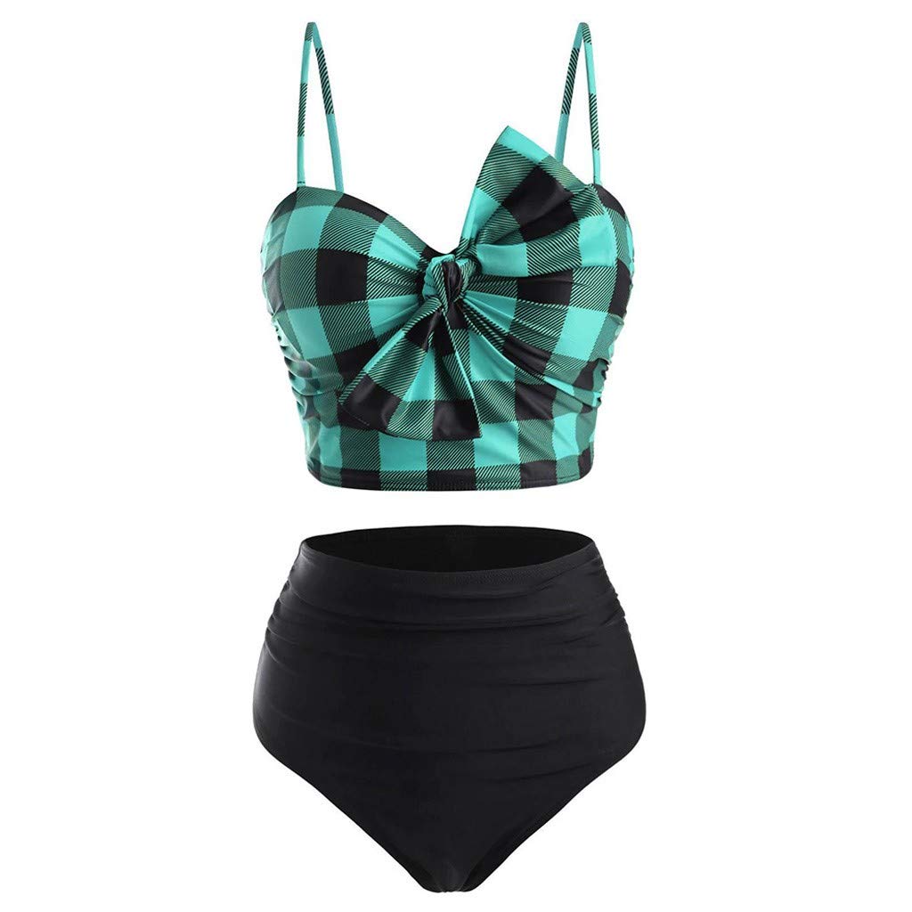 Women's Tummy Control Two Piece Swimsuit - Plaid Crop Top Bathing Suit for Beach & Pool