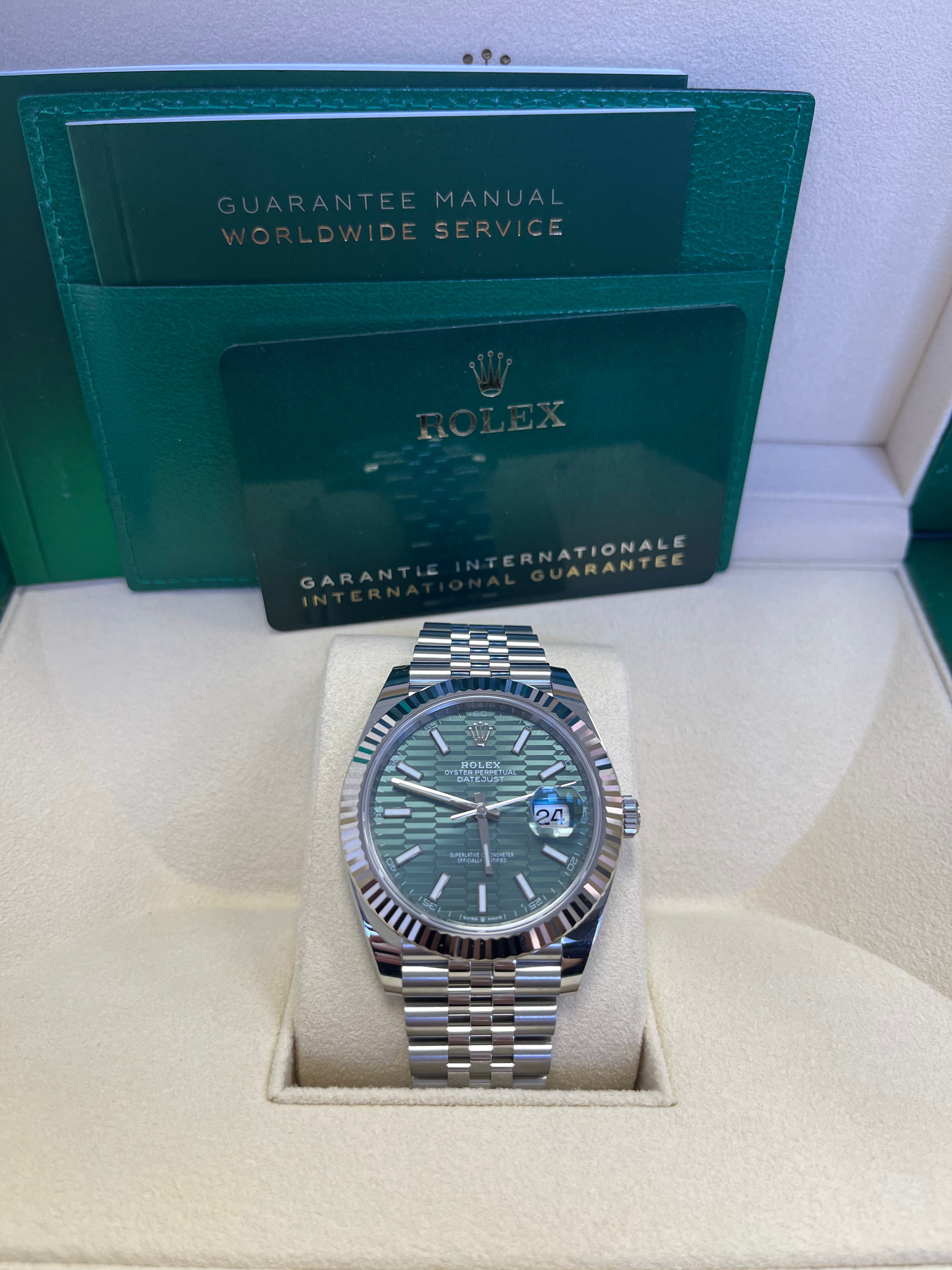 Rolex Datejust 41mm White Gold & Steel Watch with Mint Green Fluted Motif Dial & Fluted Bezel - Jubilee Bracelet Ref#126334 | Luxury Dress Watch for Men, Business & Formal Occasions