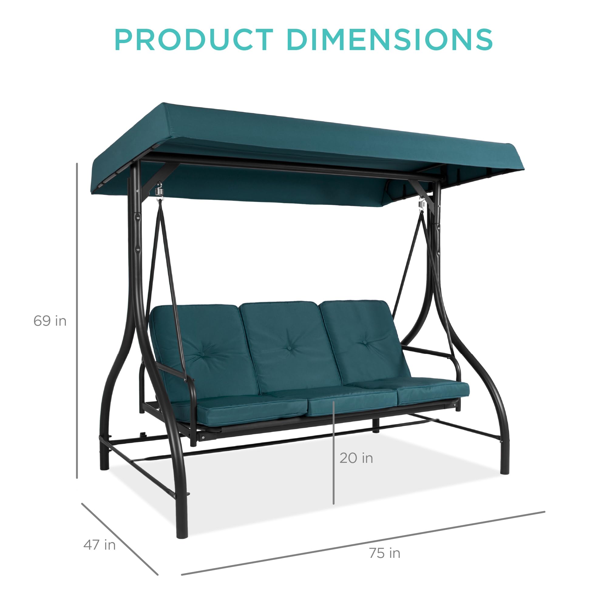 Best Choice Products 3-Seat Outdoor Canopy Swing Glider with Adjustable Shade & Removable Cushions - Patio Hammock Lounge Chair for Porch, Backyard, Garden - Peacock Blue - Perfect for Relaxing, Lounging & Outdoor Entertaining