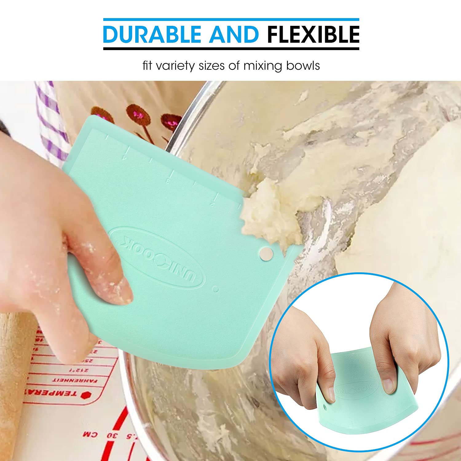 Unicook Flexible Dough Scraper & Bowl Scraper Set - 2 Pack Non-Slip Bench Cutter with Measurement for Baking, Pastry, Pizza, Bread, Cake | Perfect for Kneading, Cutting, Measuring & Cleaning in Professional & Home Kitchens