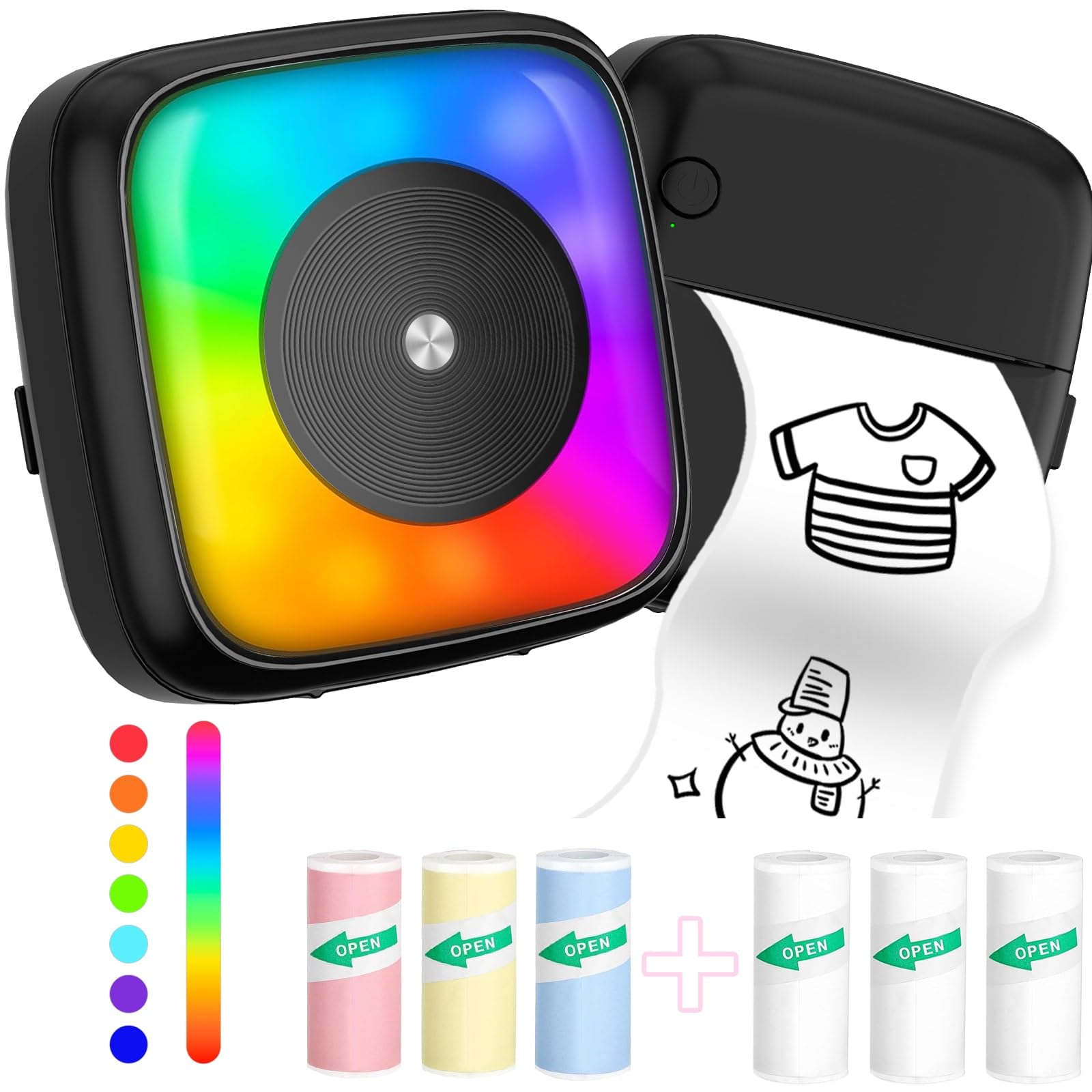 Portable Mini Sticker Printer with 6 Rolls Sticker Paper - 7 Color LED Light Modes for DIY Scrapbooking, Travel Journaling, Note Taking & Labeling | Wireless Bluetooth Compatible with iPhone & Android Phones | Perfect for School, Office & Home Organization
