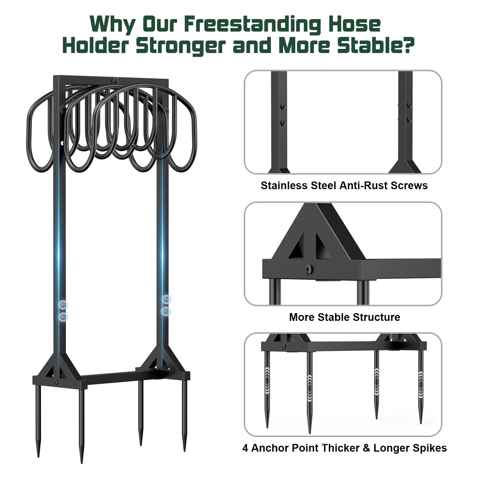 Heavy Duty Freestanding Garden Hose Holder with 4 Spikes - Double-Sided Metal Hose Reel Stand for 150ft Hose - Outdoor Yard Lawn Storage Rack for Watering, Gardening & Car Washing