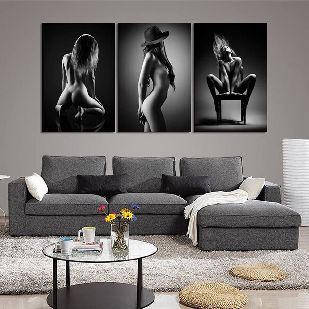 Modern Abstract Nude Woman Canvas Wall Art Set - 3 Piece Black & White Framed Prints (24
