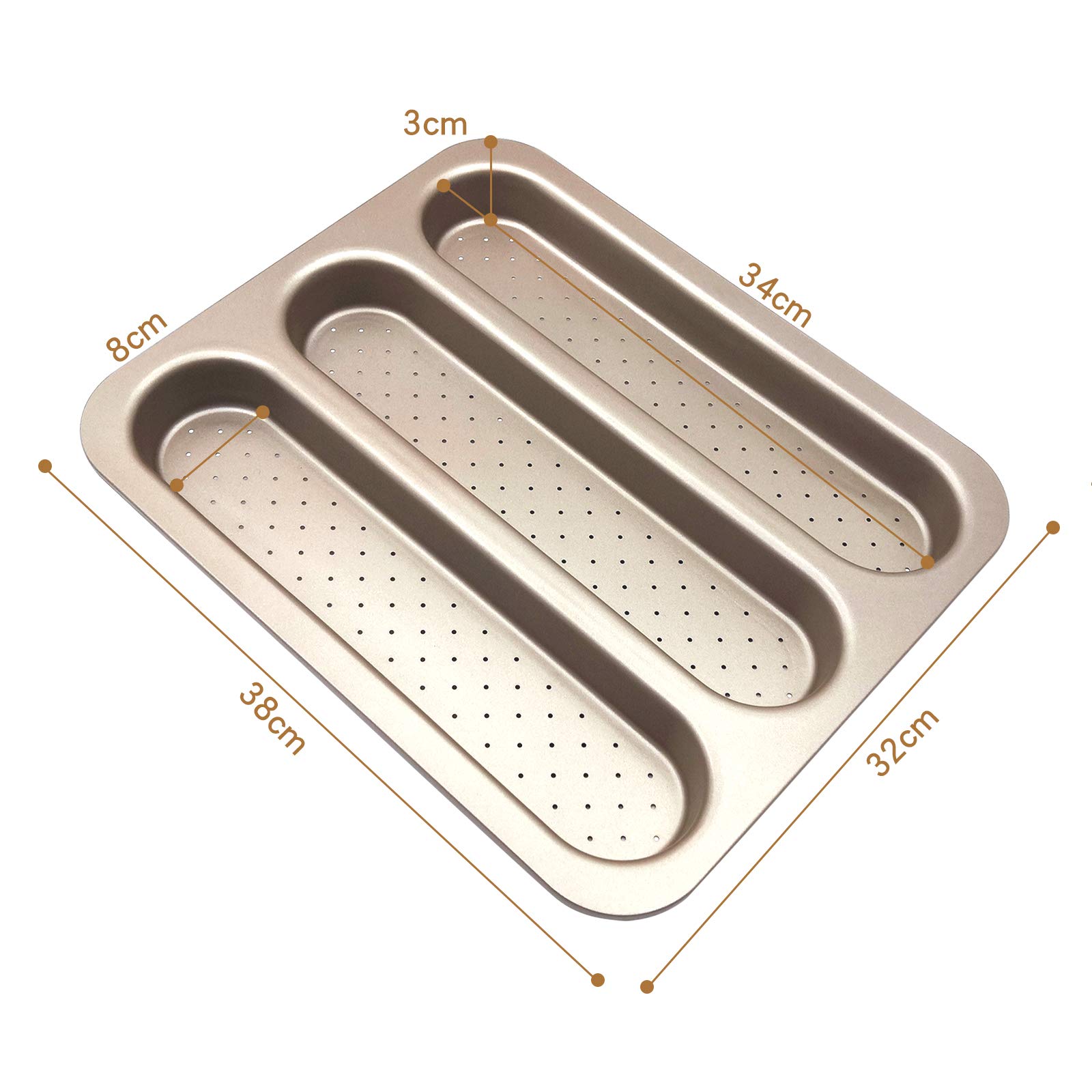 Premium Carbon Steel Perforated Baguette Pan - 3 Cavity French Bread Mold for Baking Long Loaf, Toast & Cake | Nonstick Bocadillo Tray | Oven-Safe Bakeware for Professional & Home Bakers | Perfect for Artisan Bread, Sandwiches & Party Appetizers