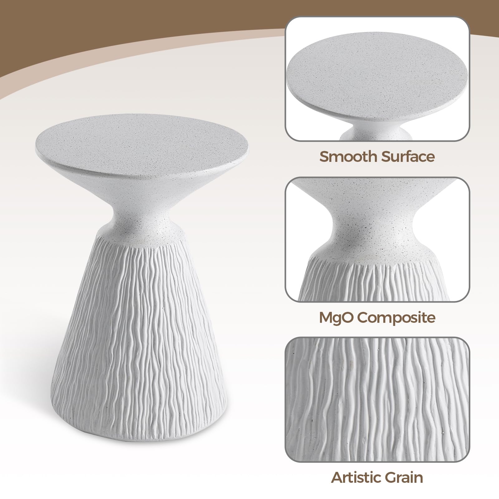 Lightweight Mushroom Shaped MgO Outdoor Side Table - Round Base Patio End Table & Plant Stand for Garden, Deck, Balcony - Spotted White Accent Table for Outdoor Relaxation & Decor