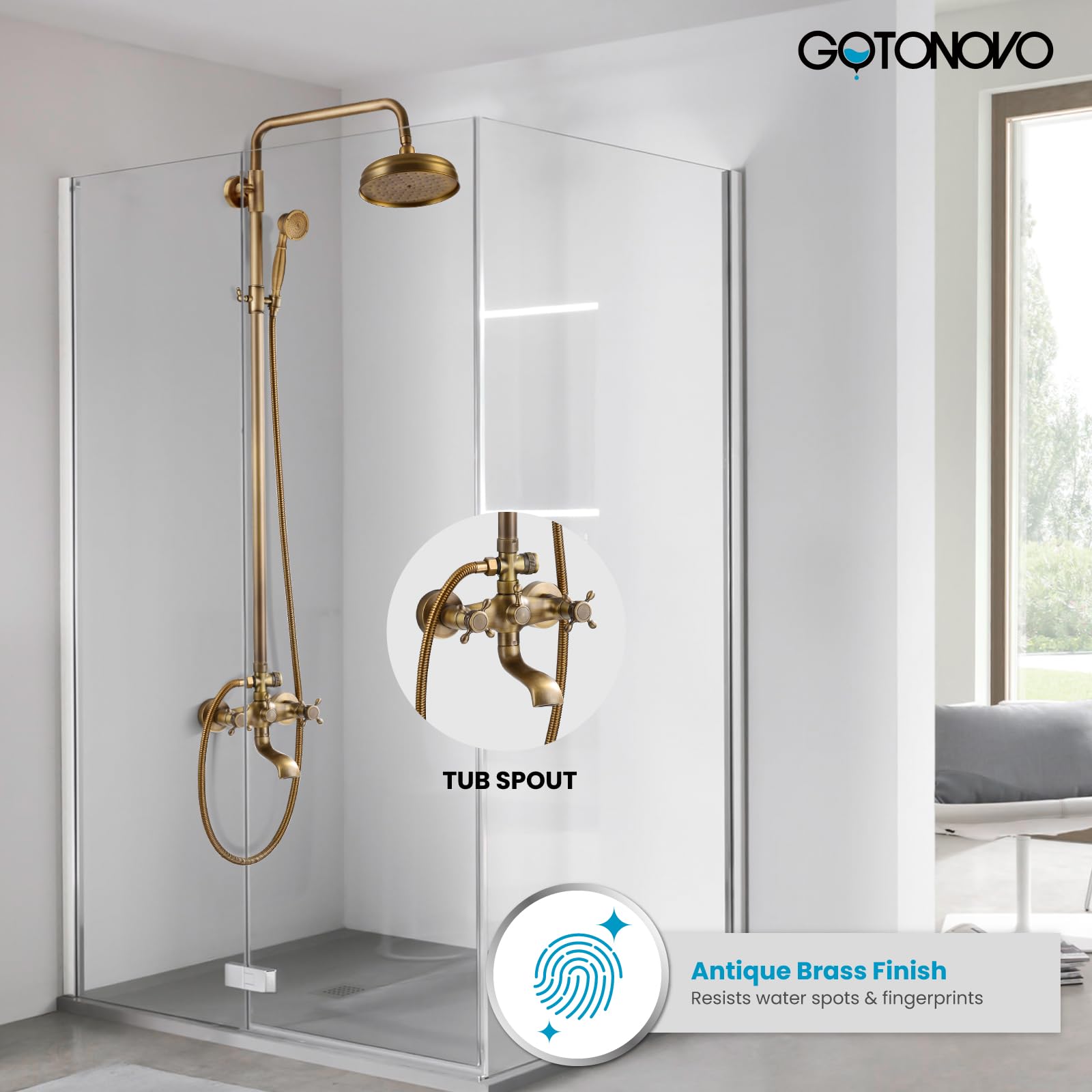 Gotonovo 8 Inch Round Rain Shower Head with Double Cross Handle & Tub Spout - 3 Function Wall Mounted Bathroom Shower Faucet Set in Antique Brass - Perfect for Modern & Vintage Bathroom Renovations