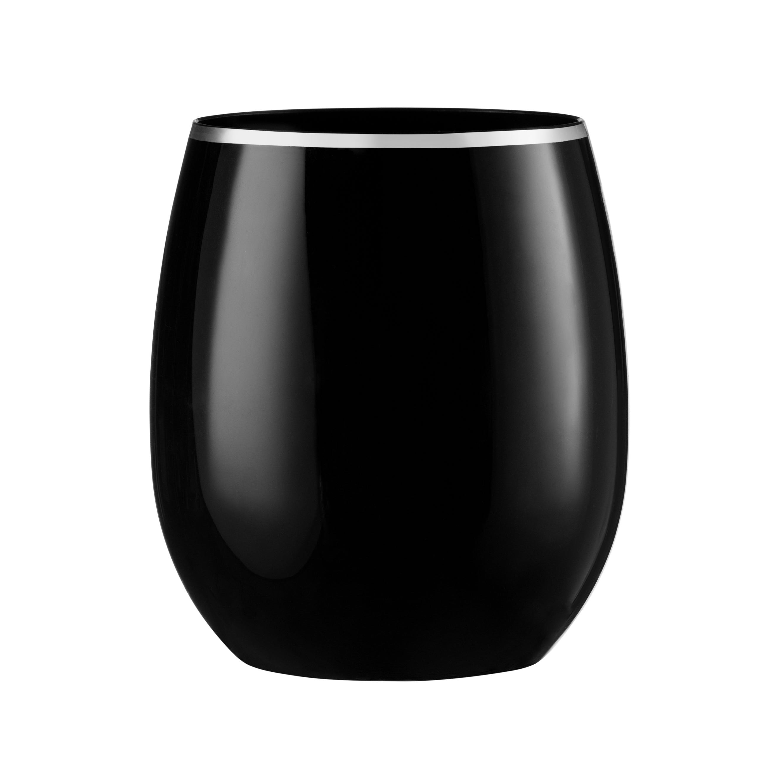 12 oz. Black Stemless Wine Glasses with Silver Rim - Set of 6 - Perfect for Wedding, Party, and Home Entertaining
