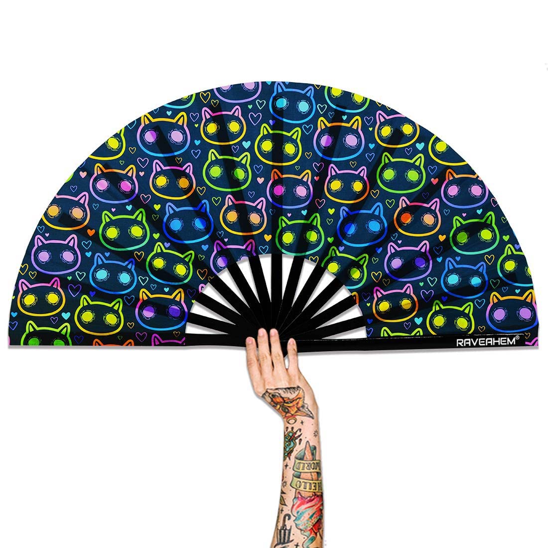 UV Glow Rave Fan - Bamboo Folding Clack Hand Fan for Men & Women (Cute Cat Design, Large 13 Inch) - Perfect for Raves, Concerts, Festivals & Summer Cooling