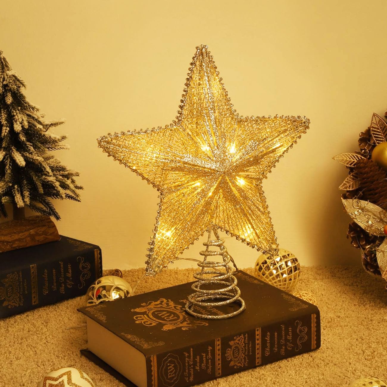 Lewondr USB-Powered Remote Control Christmas Tree Topper with LED Lights and Sequins - Gold Star Decor with 6H Timer for Holiday Trees | Perfect for Home, Office & Party Christmas Decorations