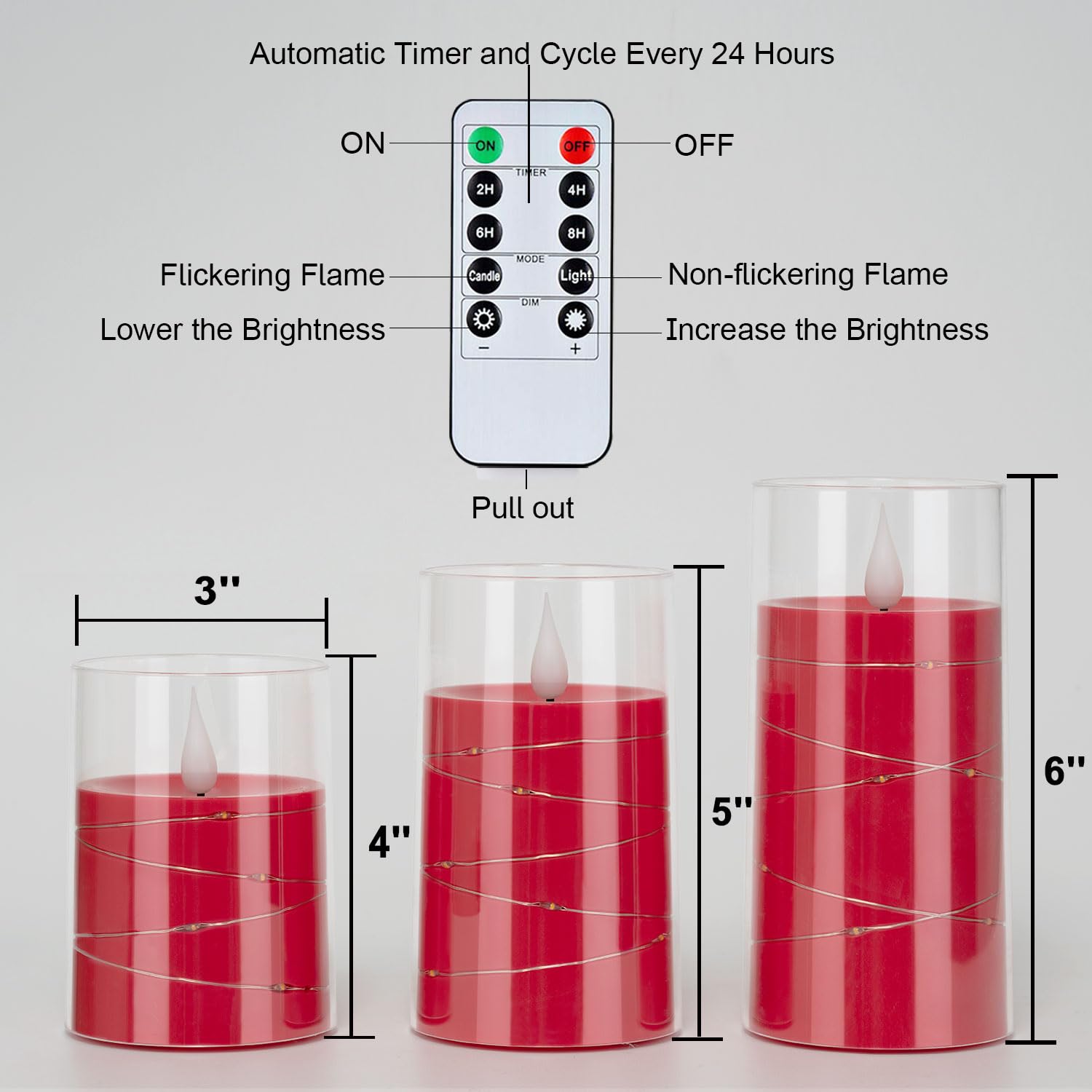 Homemory Flickering Flameless LED Candles with Remote - Set of 3 Battery Operated Candles with Embedded String Lights, Shatterproof Plexiglass Design (Red) - Perfect for Christmas Decor, Wedding Centerpieces & Cozy Home Ambiance