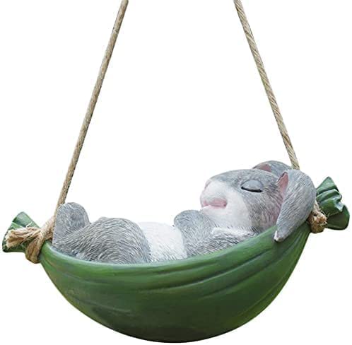 Funny Outdoor Hanging Rabbit Statues - Small Animal Garden Sculpture & Fairy Garden Decor - Swinging Rabbit Leaf Hammock for Lawn, Patio, Yard Decoration - Perfect for Backyard Parties & Spring Garden Themes
