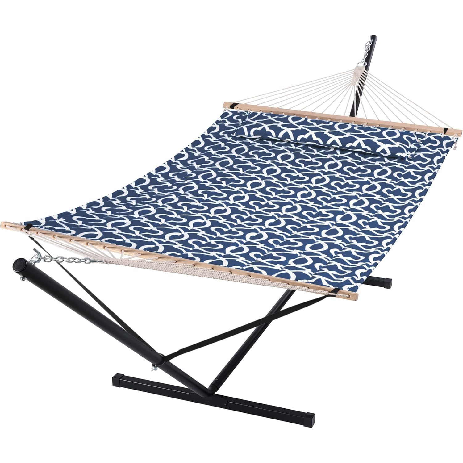 Premium SUNCREAT Two Person Hammock with Stand - 475 lbs Weight Capacity, Portable Patio Hammock with Sturdy Hardwood Spreader Bar & Soft Pillow - Blue Pattern Design for Backyard, Garden, Camping & Outdoor Relaxation