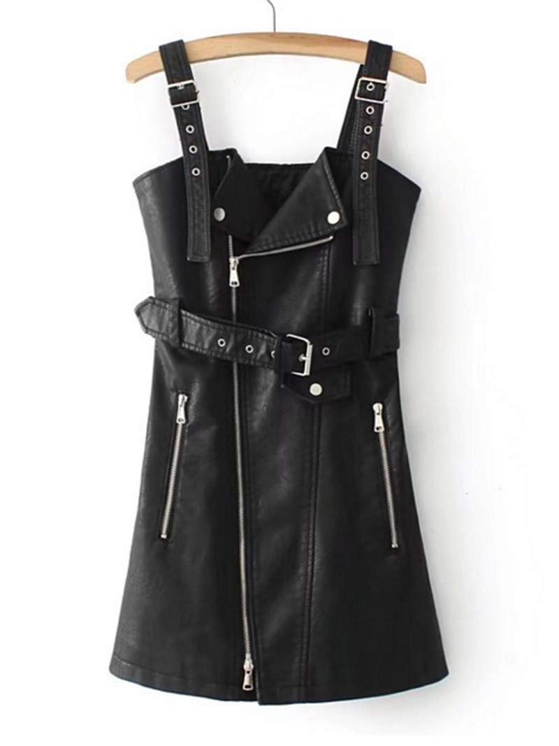 BGTEEVER LLYGE Women's Sexy V-Neck Mini Dress - PU Leather Sundress with Sash & Zipper for Christmas Party, Winter Date Night, Cocktail Events (Black)