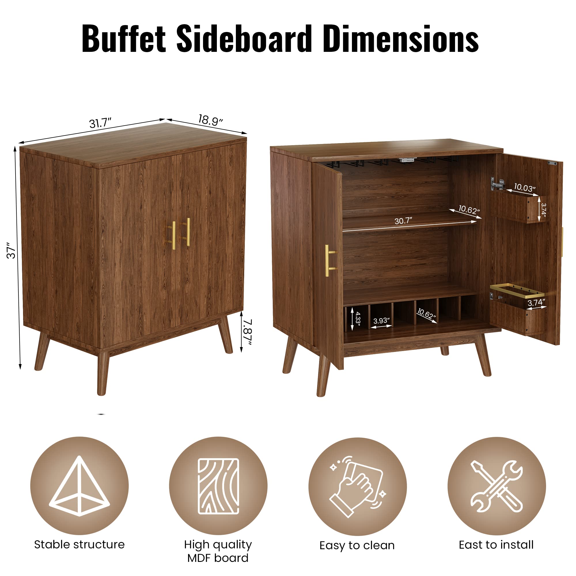Lamerge Wine Bar Cabinet - Walnut Kitchen Storage Cabinet with Wine Rack & Shelves, Liquor & Coffee Bar Organizer for Home, Living Room, Kitchen, Hallway - Perfect for Entertaining Guests & Home Decor