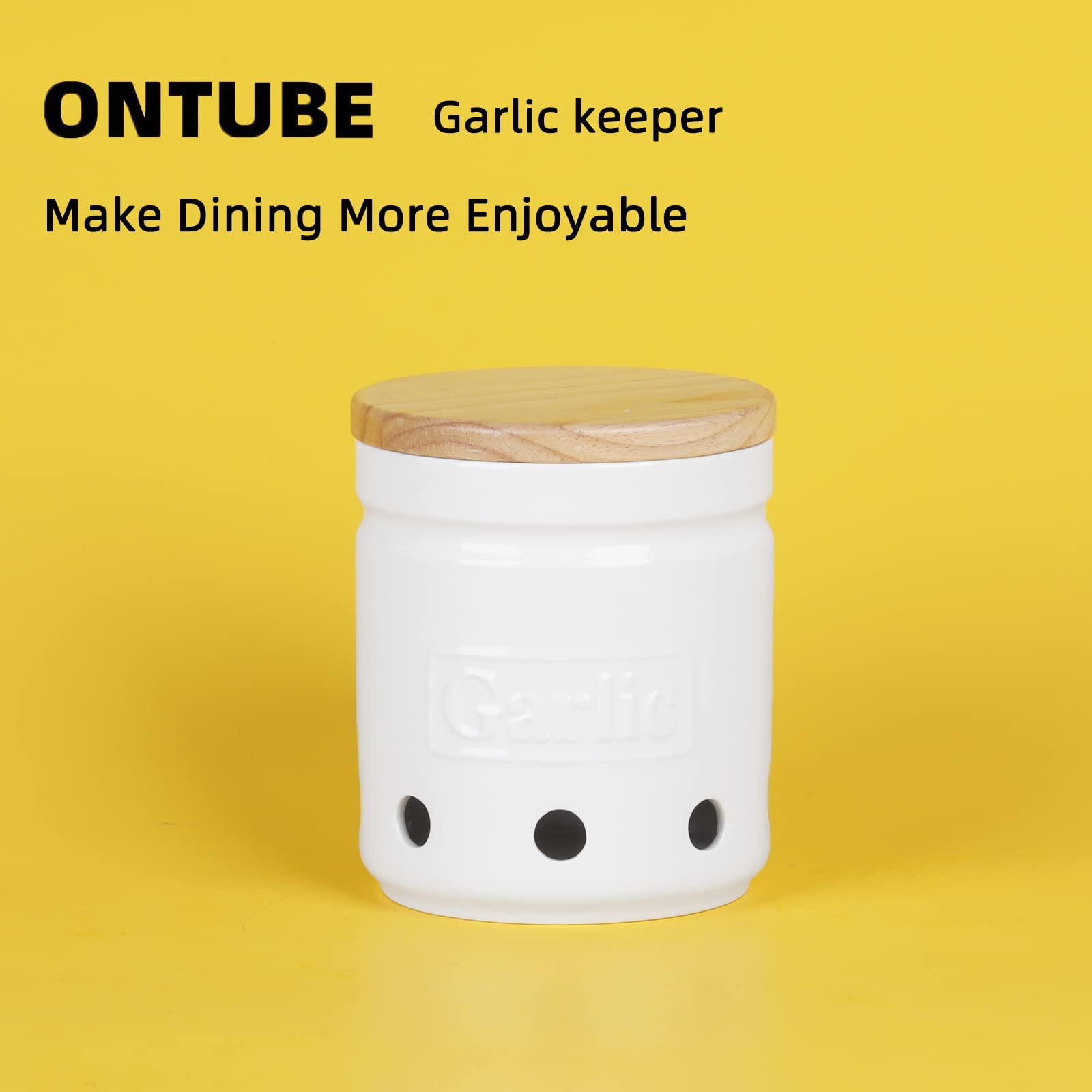 Large Ceramic Garlic Keeper with Wooden Lid - 4.5 Inch White Garlic Storage Container for Kitchen - Preserves Garlic Freshness Longer - Perfect for Countertop, Pantry & Farmhouse Style Kitchens