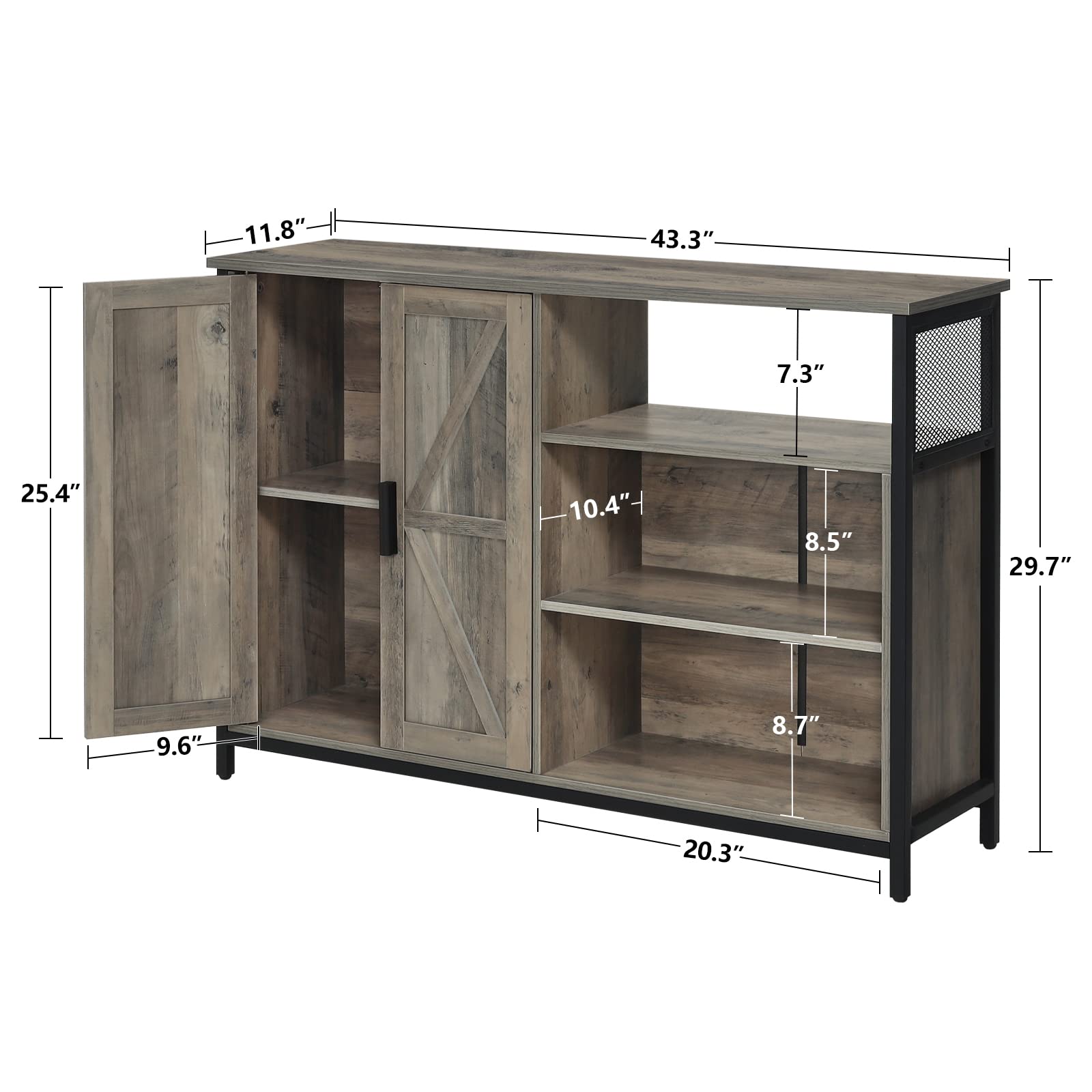 WEENFON Rustic Oak Storage Cabinet with 2 Barn Doors - Adjustable Shelves Industrial Sideboard for Dining Room, Living Room & Kitchen - Perfect for Home Organization, Farmhouse Decor & Extra Storage Space