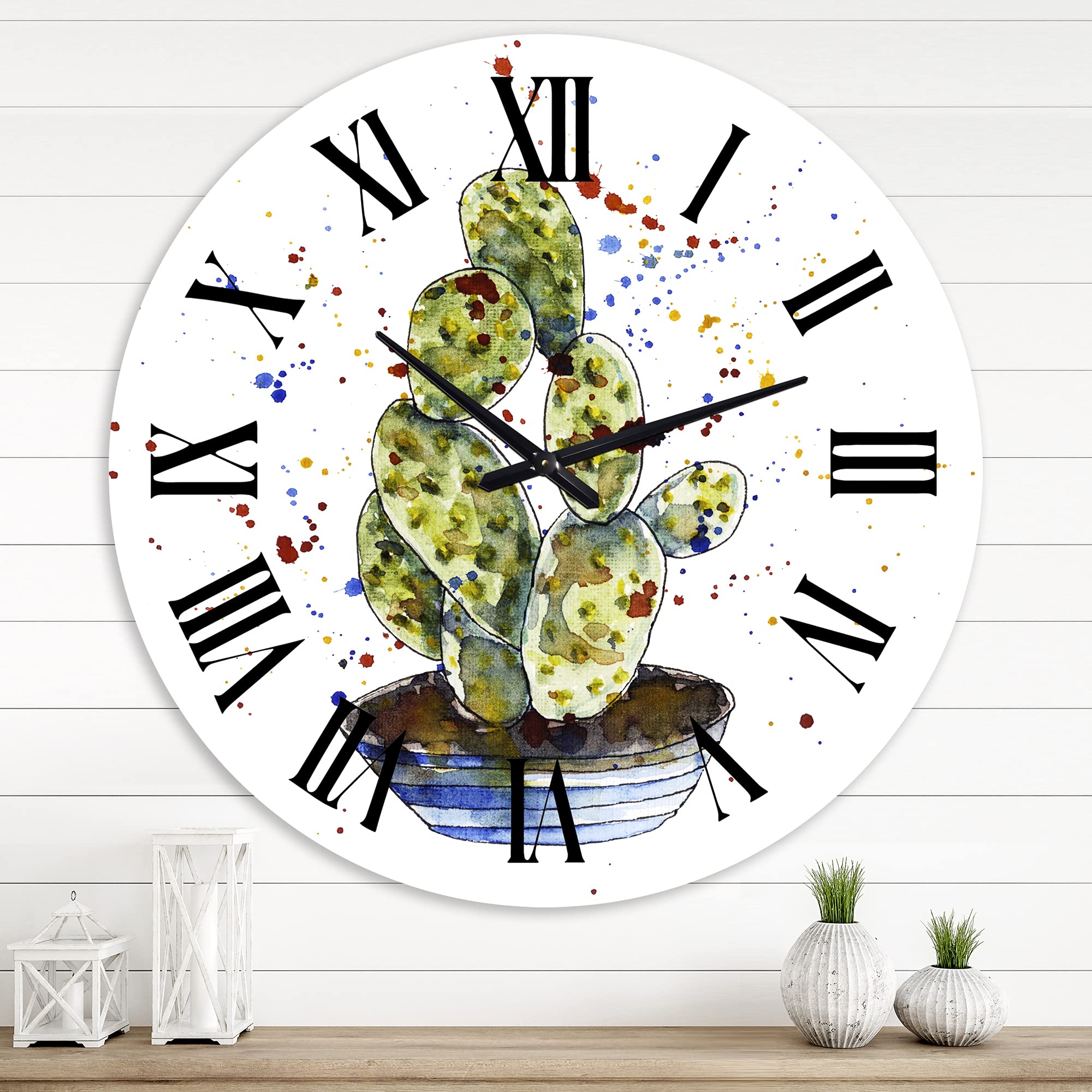 DesignQ Traditional Wall Clock 'Cactus Houseplant' - Large Floral & Botanical Wall Clock for Home, Office, Living Room Decor - Perfect for Farmhouse, Boho & Modern Interior Design