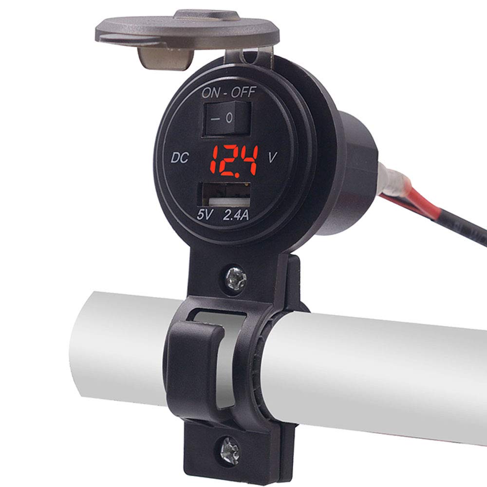 2.4A Waterproof Motorcycle USB Charger with Voltmeter & Switch - Universal for Motorcycle, Auto, Truck, ATV & Boat - Includes Fixed Bracket (Red) - Perfect for Road Trips & Outdoor Adventures