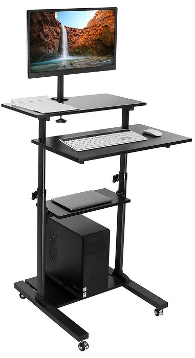 Mount It! Adjustable Rolling Computer Workstation with Monitor Mount - Includes Free Wireless Keyboard & Mouse Combo (Black/White) - Perfect for Home Office, Gaming Setup & Small Workspaces