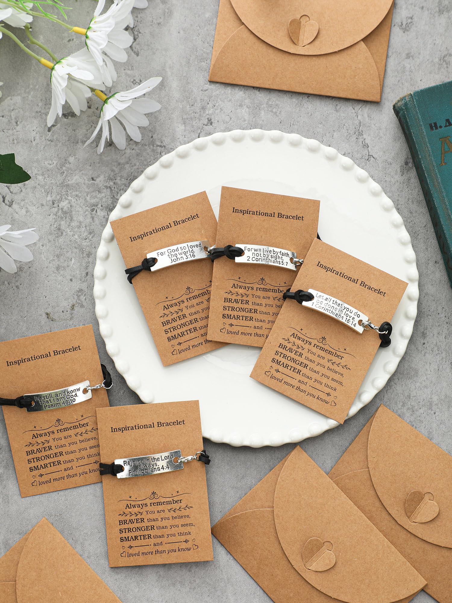 Bucherry 12 Pack Inspirational Bible Verse Bracelets - Christian Gifts for Women & Men with Gift Cards & Envelopes - Engraved Scripture Jewelry for Church, Baptism, Weddings & Daily Faith Encouragement