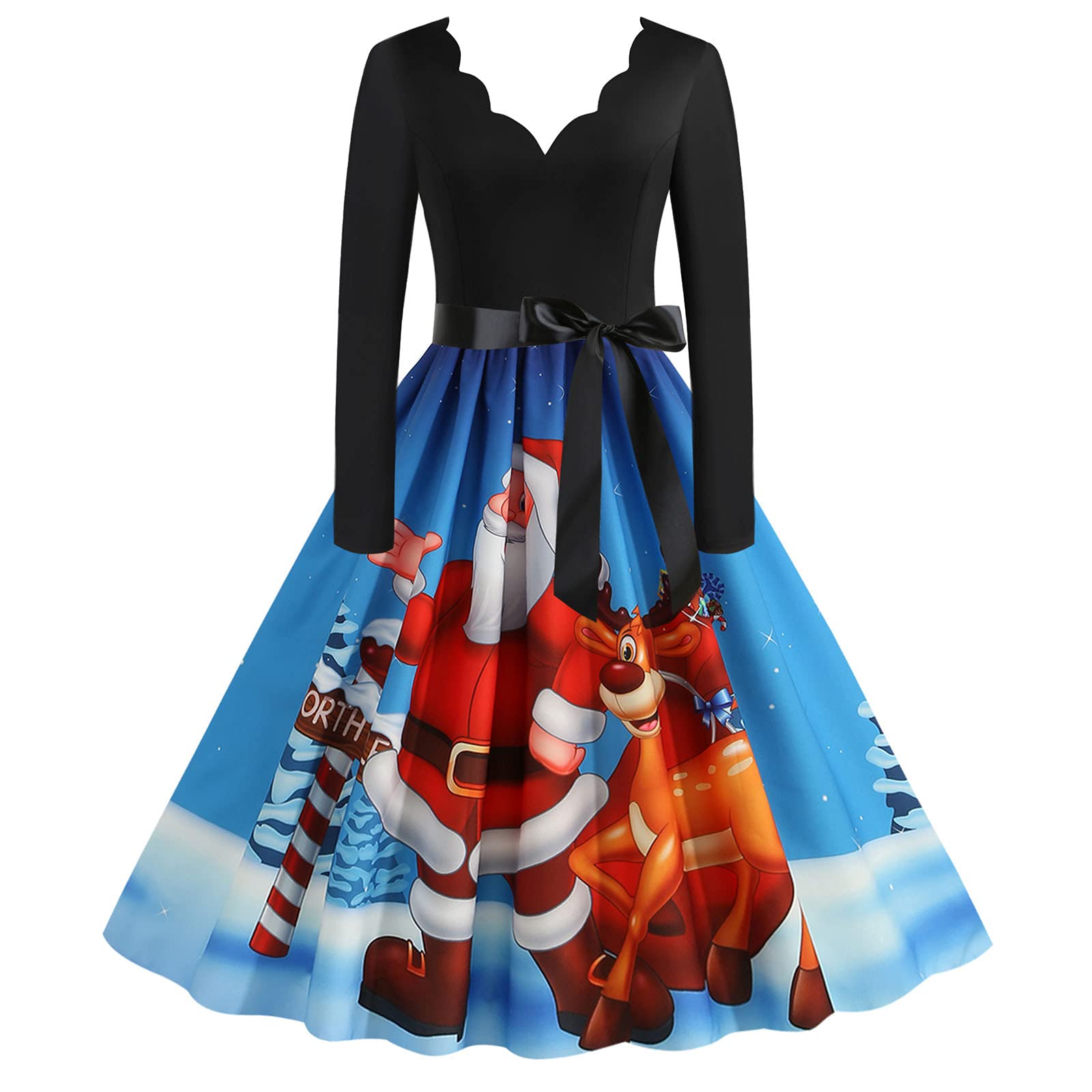 Women's Christmas Long Sleeve Dress - Retro Santa Print Tea Party Swing Dress for Holiday Festive Occasions | Perfect for Xmas Parties, Family Gatherings & Winter Celebrations