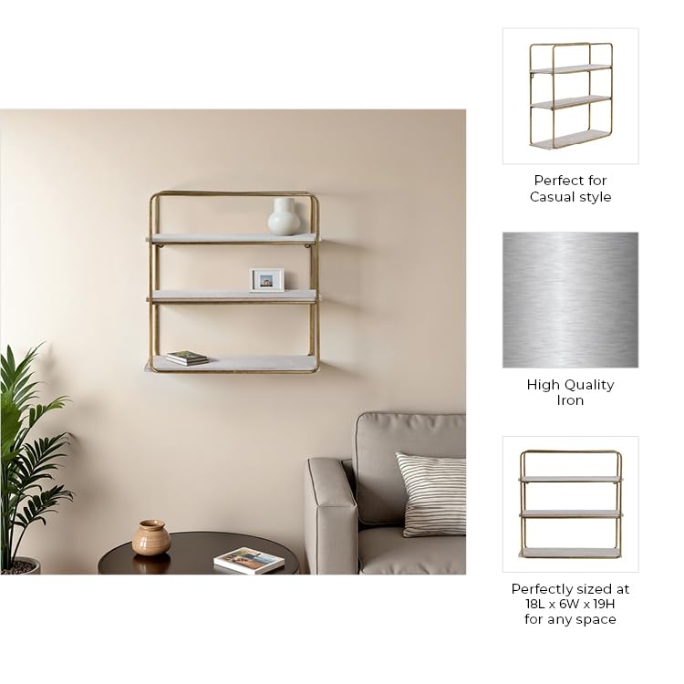Sagebrook Home 3-Tier Wall Shelf - Gold Metal & Wood Floating Shelves for Living Room, Bathroom, Bedroom Decor - Modern Storage & Display Solution