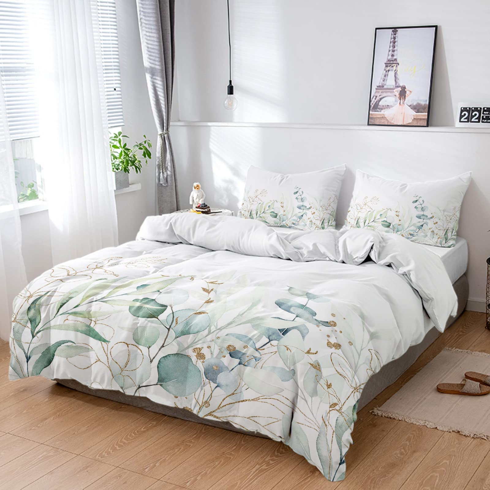 LOVE HOME DAY 4-Piece Luxury Duvet Cover Set - Twin Size Soft Comforter Cover with Watercolor Eucalyptus Leaves & Golden Branch Design, Includes Pillowcases (White) - Perfect for Modern Bedrooms, Guest Rooms & Cozy Home Decor