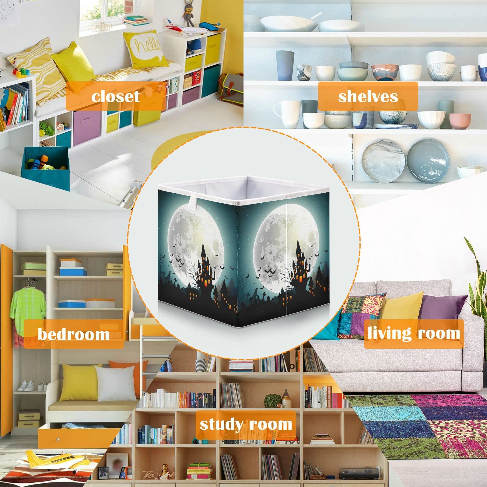 Halloween Castle Full Moon Foldable Collapsible Storage Baskets - 11x11 Inch Fabric Storage Bins & Cube Organizers for Shelves, Pantry, Bathroom, Baby Clothes & Nursery Toys - Perfect for Seasonal Decor & Home Organization