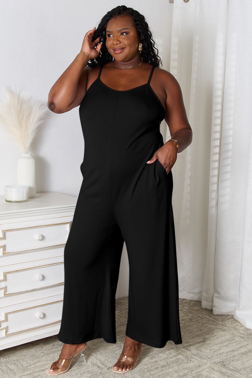 Plus Size Spaghetti Strap V Neck Jumpsuit for Women - Flattering Summer Romper with Pockets | Perfect for Beach Vacation, Date Night & Casual Outings