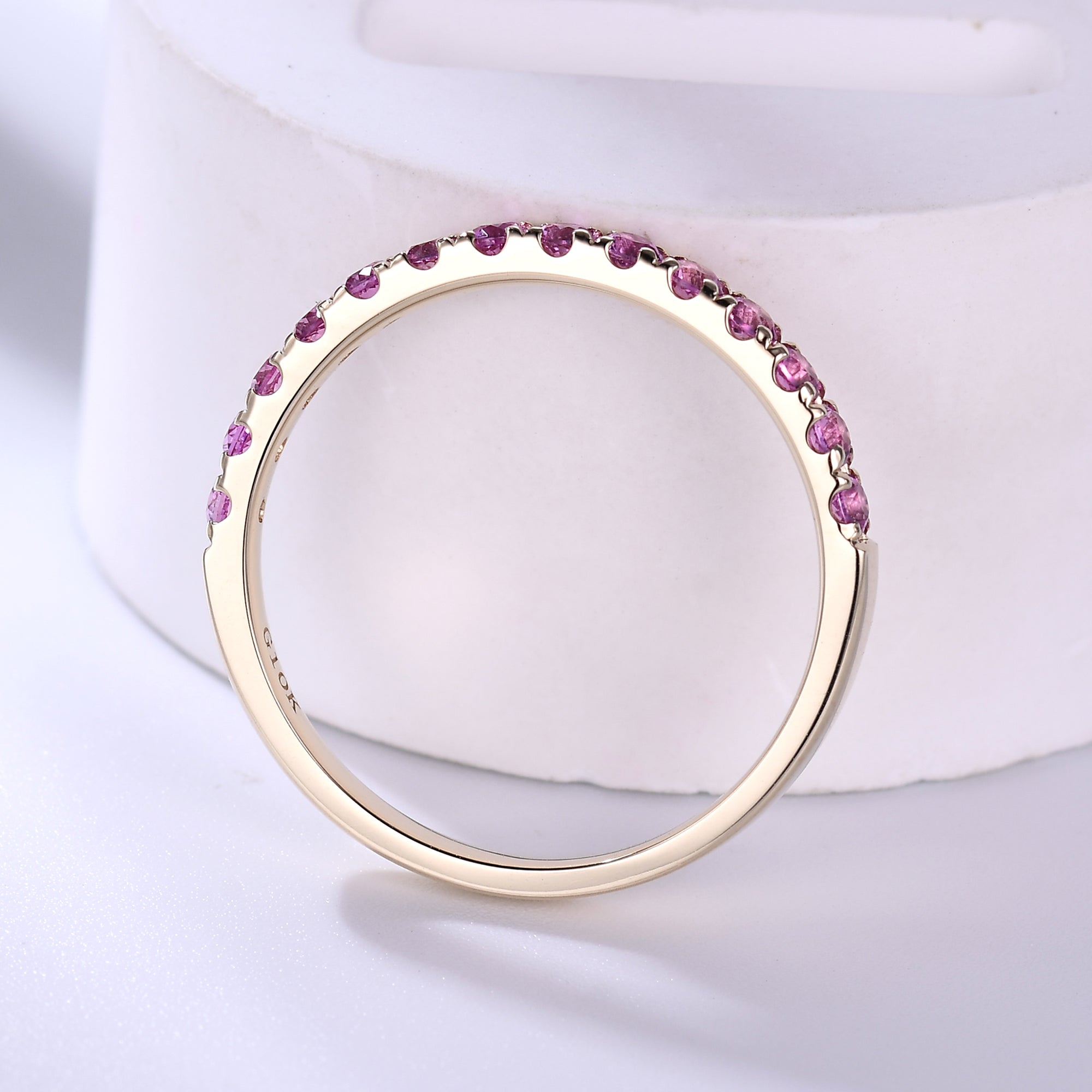 Pink Sapphire Wedding Band Ring - 14K Rose Gold Half Eternity Ring with 2mm Pave Diamonds | Elegant Bridal Jewelry for Engagement, Anniversary & Special Occasions
