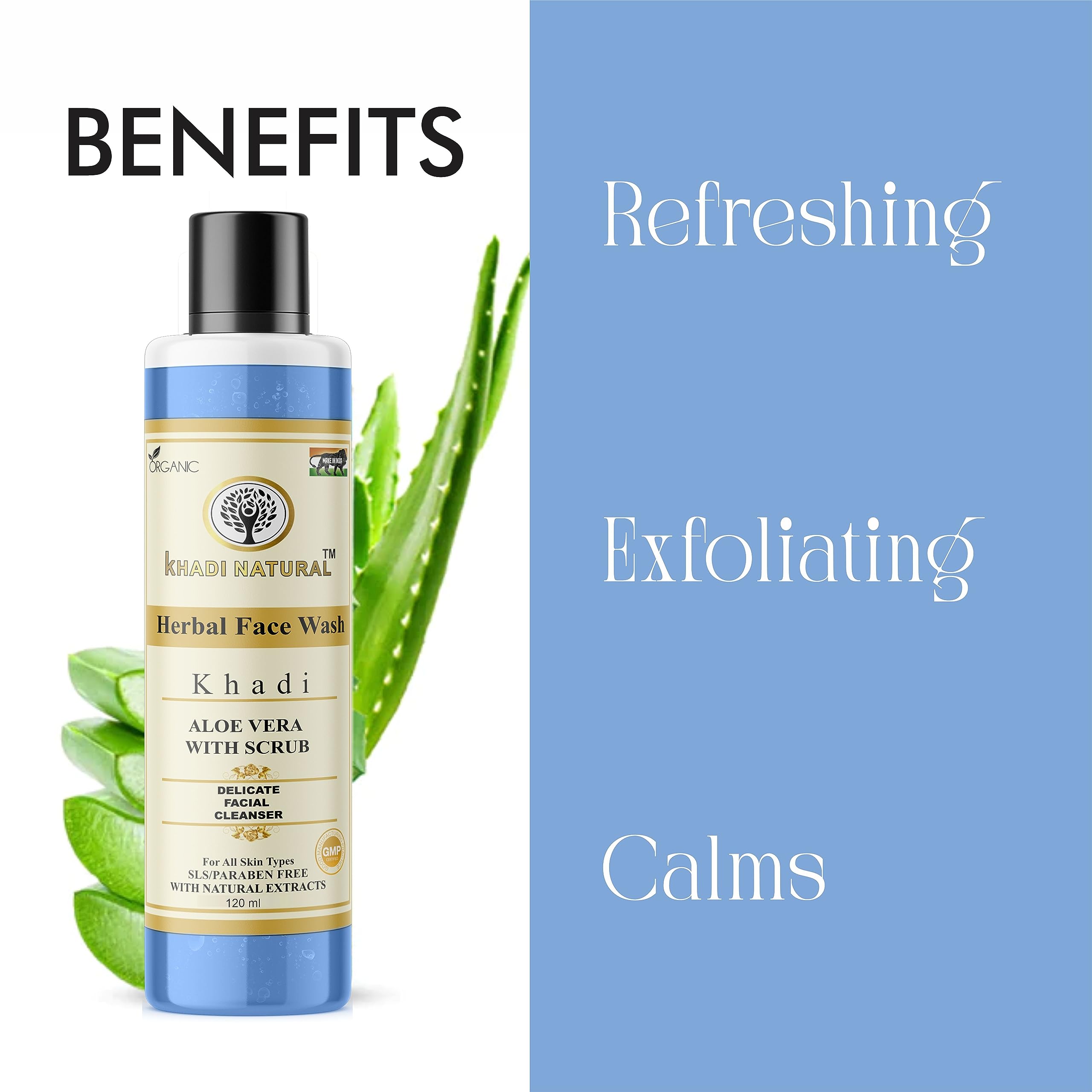 Khadi Natural Aloe Vera Face Wash with Scrub - 120ml | SLES & Paraben Free | Gentle Exfoliating & Deep Cleansing | Perfect for Daily Skincare & Acne-Prone Skin