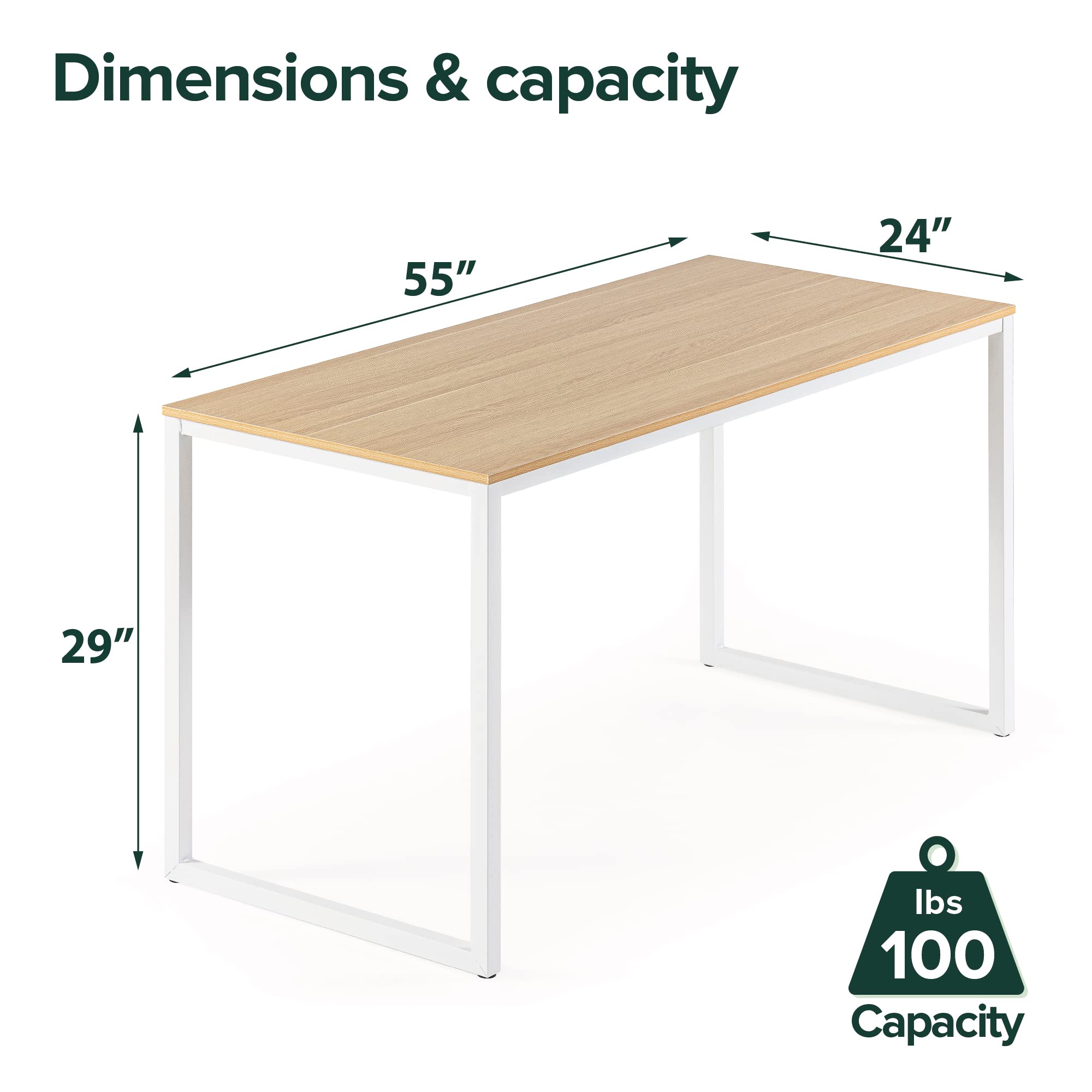 ZINUS Jennifer 55 Inch White Frame Computer Desk - Sturdy Office Workstation & Dining Table with Easy Assembly (Natural Wood Finish) - Perfect for Home Office, Study Room & Small Space Dining