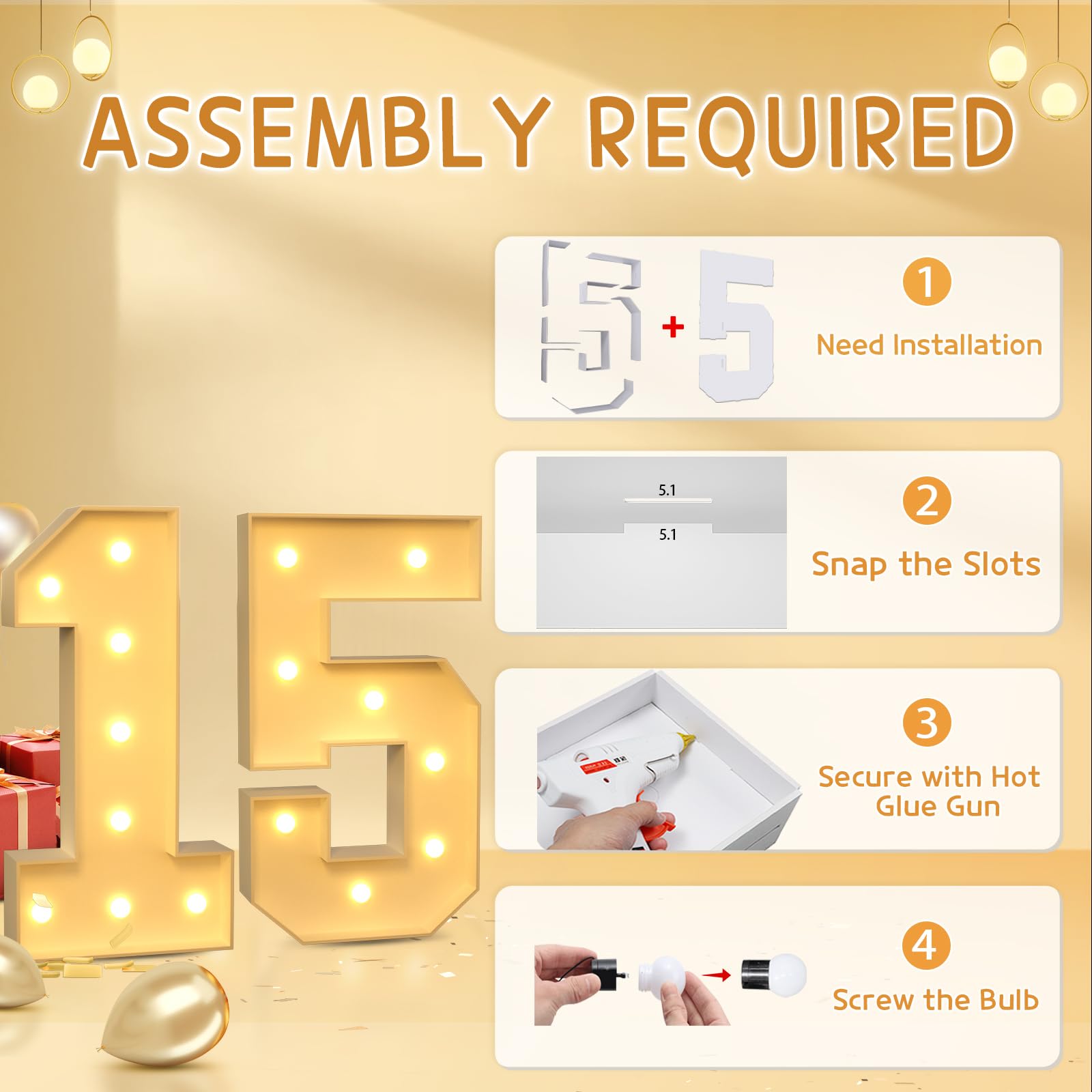 Imprsv 3FT Light Up Number 15 - Large LED Birthday Decor for 15th Anniversary Party | Girls & Boys Celebration Backdrop, Sweet 16 Prep, Quinceañera, Photo Booth Props