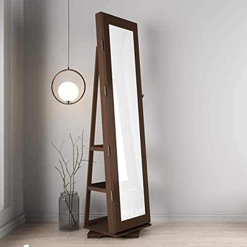 SogesPower 360° Rotatable Lockable Jewelry Cabinet with Dressing Mirror - Jewelry Armoire Organizer with Storage Shelf for Necklaces, Rings & Accessories - Perfect for Bedroom, Living Room & Entryway, Brown
