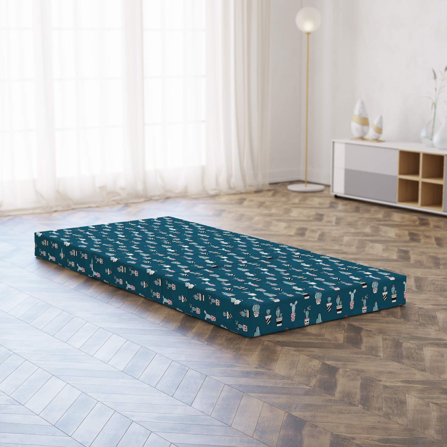Ambesonne Cactus Foldable Mattress - Funny Succulents in Pots Design, 74.8 x 35.4 Inches, Petrol Blue Multicolor - Perfect for Guest Beds, Dorm Rooms & Camping Trips