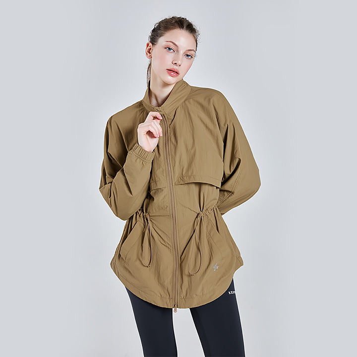 Women's High Neck String Windbreaker Jacket - Lightweight Waterproof Outdoor Coat for Running, Hiking & Travel