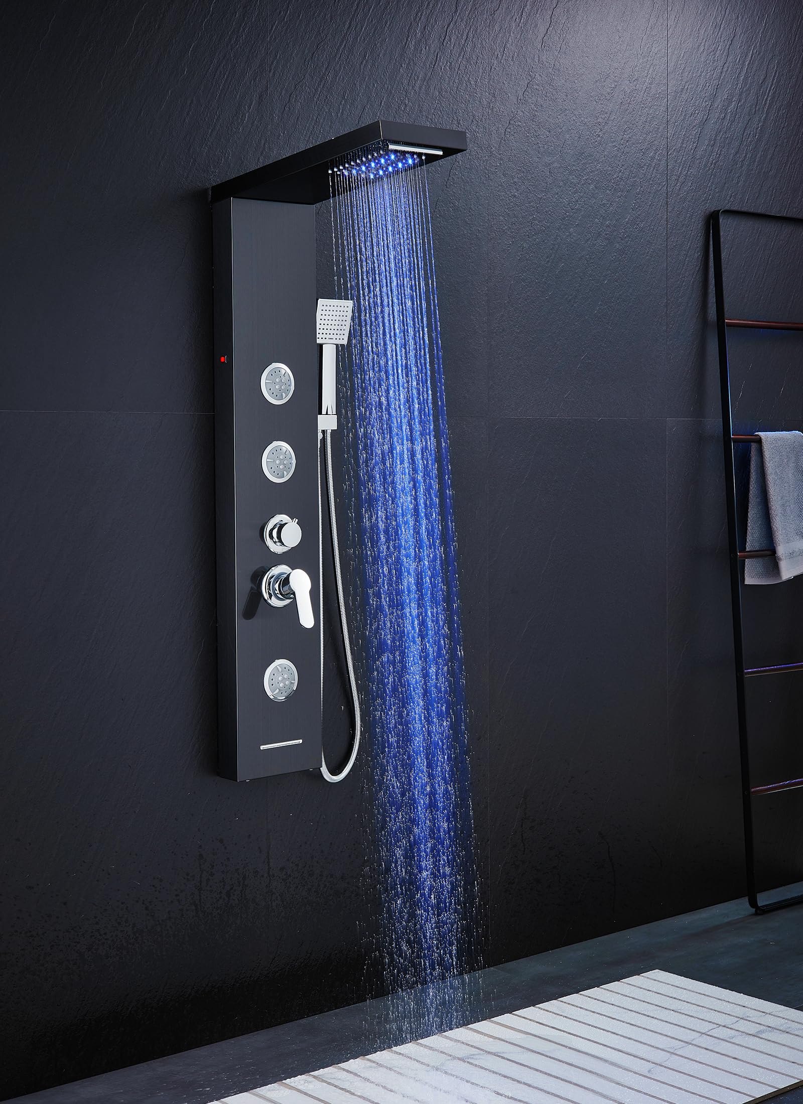 ROVATE 5-in-1 LED Shower Panel Tower System - Black Stainless Steel High Pressure Shower Column with Rainfall Showerhead, Waterfall, Body Jets & Handheld Sprayer + Tub Spout | Perfect for Modern Bathroom Renovation & Spa-Like Shower Experience