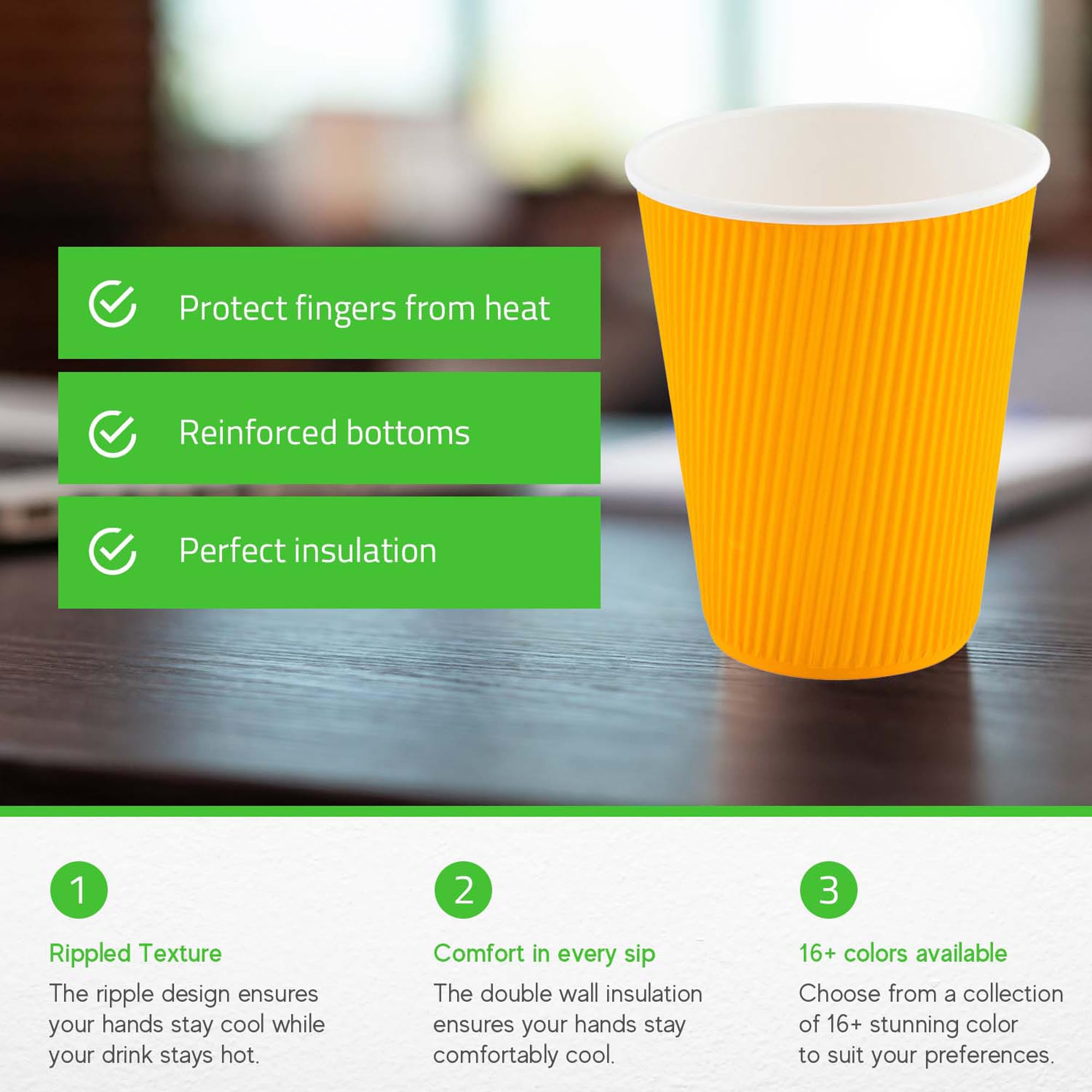 12oz Disposable Coffee Cups - 500 Pack Insulated Ripple Wall Hot Cups for Coffee & Tea | Rolled Rim, Yellow Paper | Lids Sold Separately | Perfect for Cafes, Offices & Events
