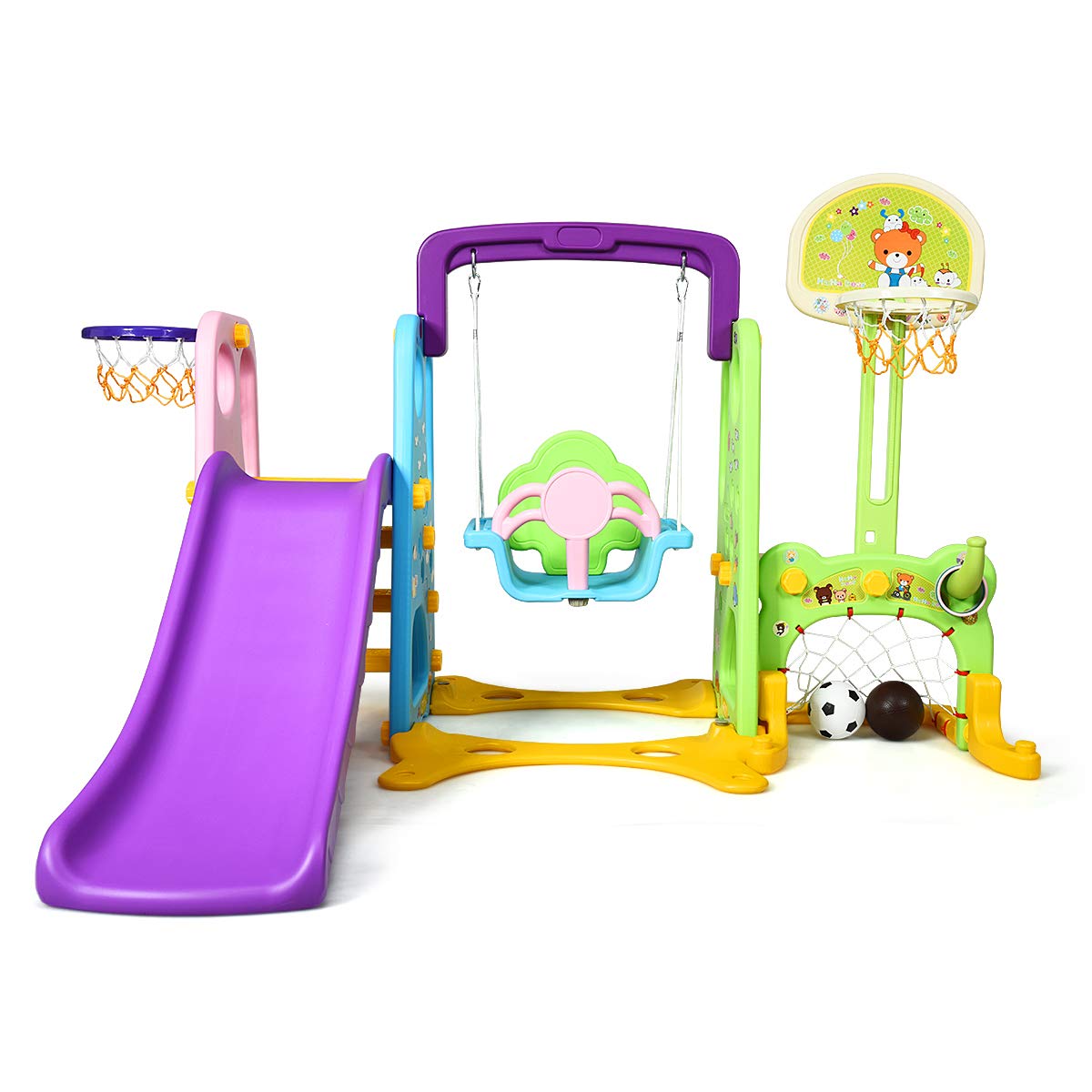 HONEY JOY 4-in-1 Toddler Swing and Slide Playset with Basketball Hoop - Extra Long Slide with Safety Buffer - Easy Assembly Indoor/Outdoor Climber for Kids Ages 2-5 - Perfect for Backyard, Playroom & Preschool Playground Activities