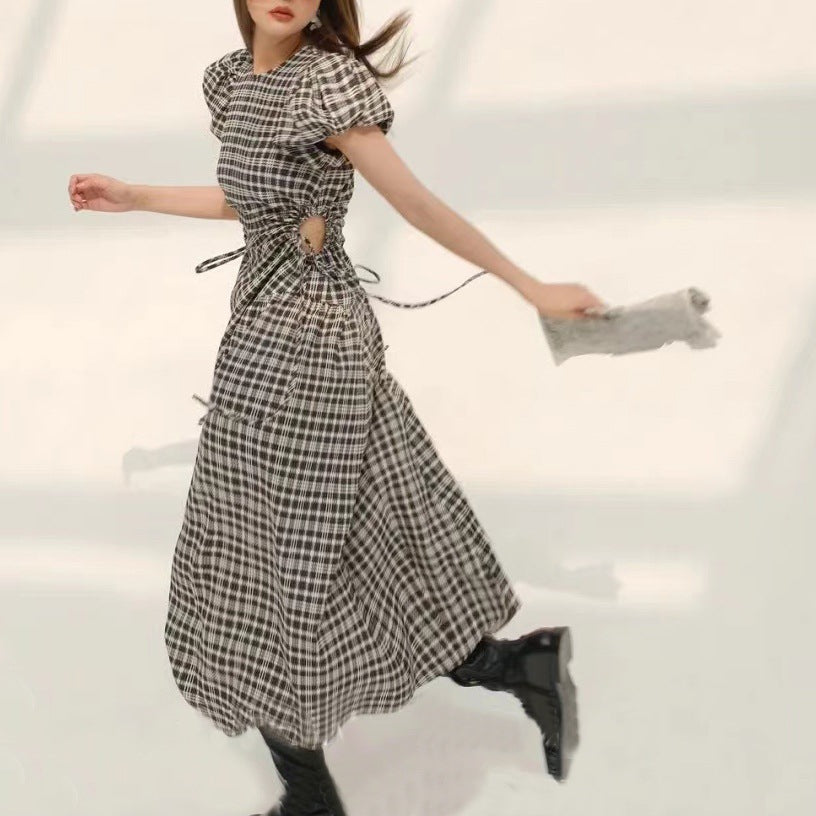 2025 Trendy Summer Slimming Dress - Black & White Plaid Midi Skirt with Bubble Sleeves for Women | Flattering Small Waist Design | Perfect for Office, Date Night & Summer Parties