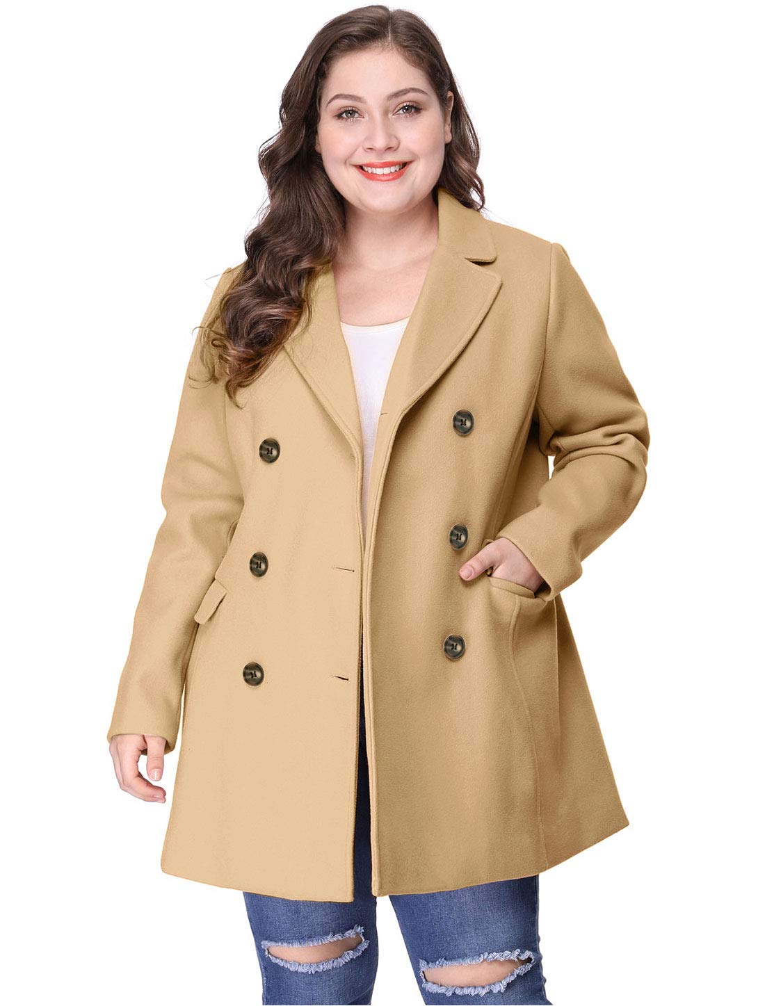 Agnes Orinda Women's Plus Size Notched Lapel Double Breasted Long Winter Coat for Office, Business & Formal Occasions