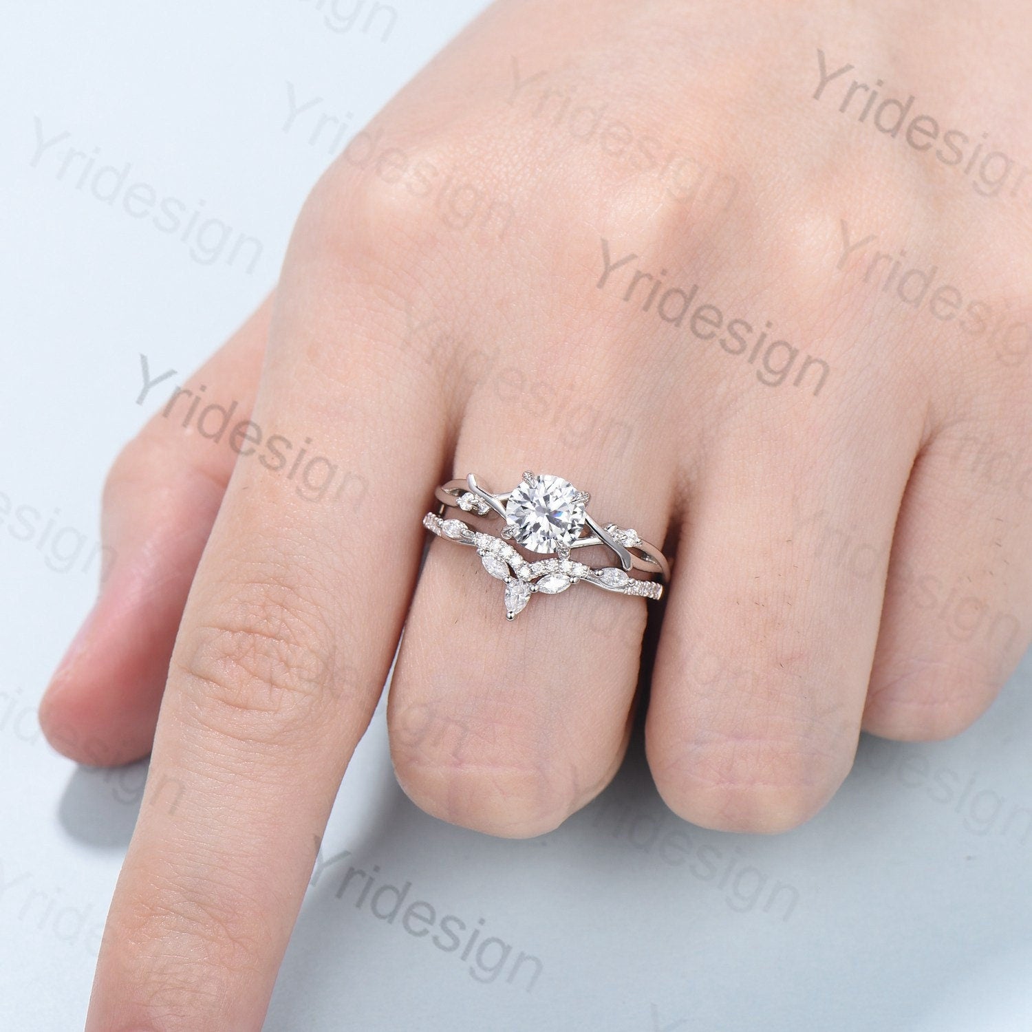 Leaf Twig Moissanite Engagement Ring Set - Platinum Moissanite Wedding Band with Nature-Inspired Branch Design, Unique Bridal Jewelry for Women | Perfect for Proposals, Anniversaries & Outdoor Weddings
