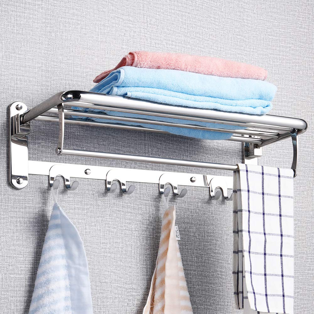 HOONEX 24 Inch Foldable Stainless Steel Towel Rack - Wall Mounted Bathroom Organizer with Adjustable Towel Bar & Hooks - 304 Polished Silver - Perfect for Small Spaces, Apartments, and Modern Bathroom Decor