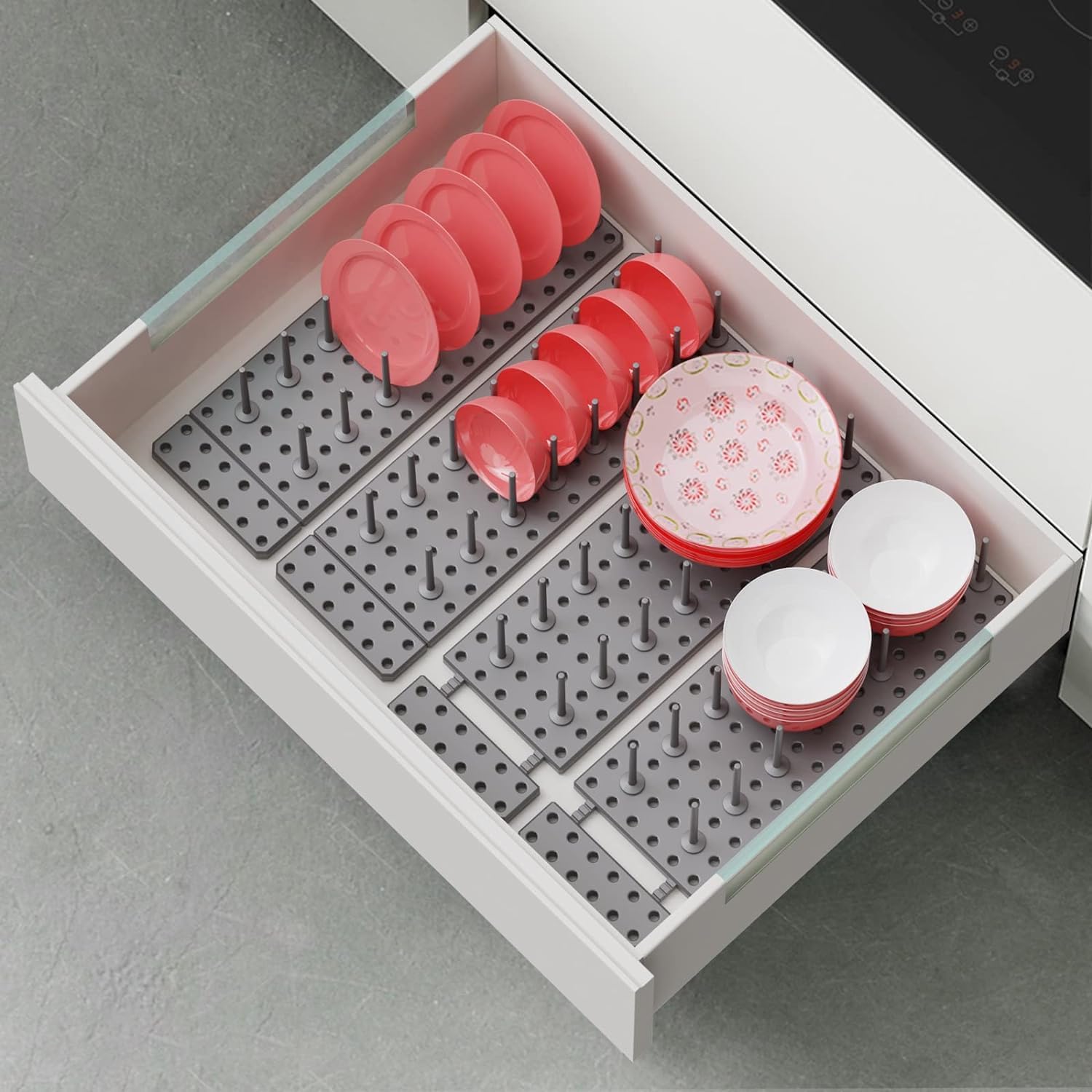 Adjustable Kitchen Cabinet Organizer - Expandable Plate & Bowl Holder, Dish Drying Rack, Pegboard Tray (15x10cm, Grey) - Perfect for Pantry, Cupboard & Countertop Storage