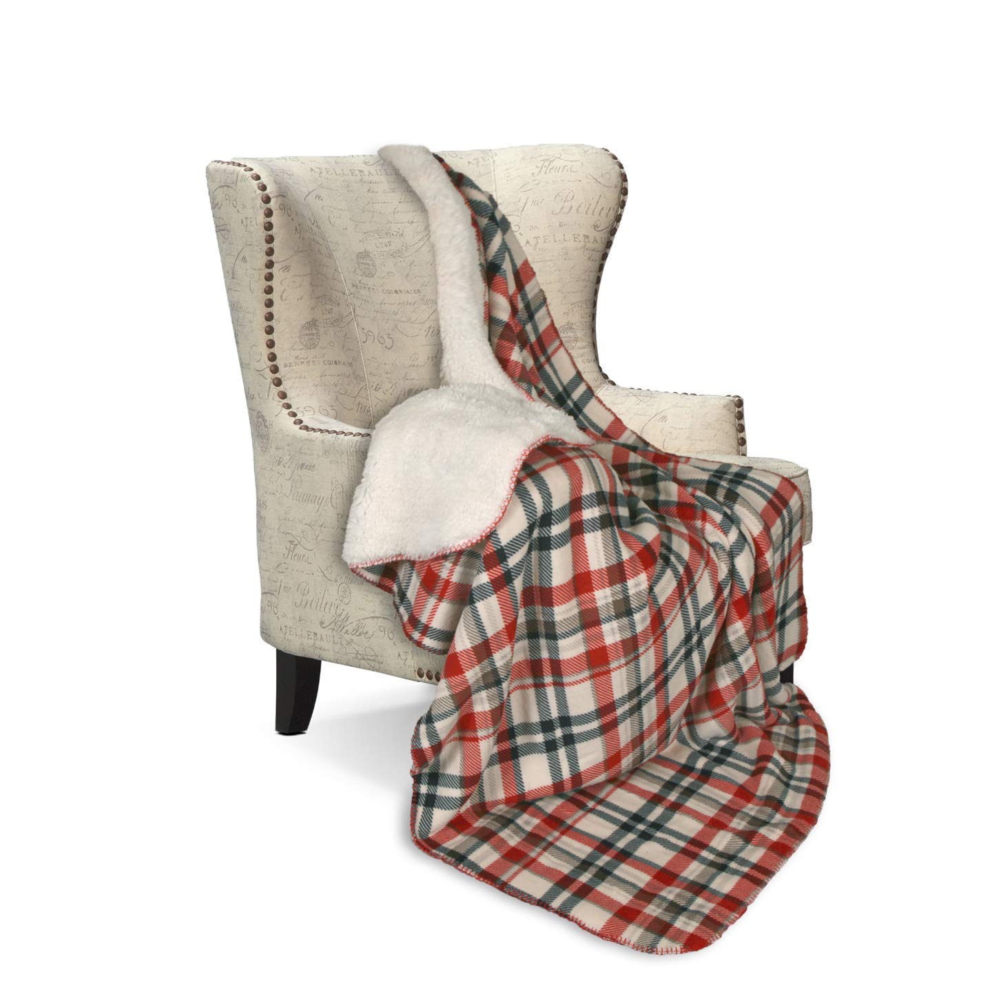 Sherpa Plaid Throw Blanket - Red, Navy, Taupe & Cream for Cozy Home Decor