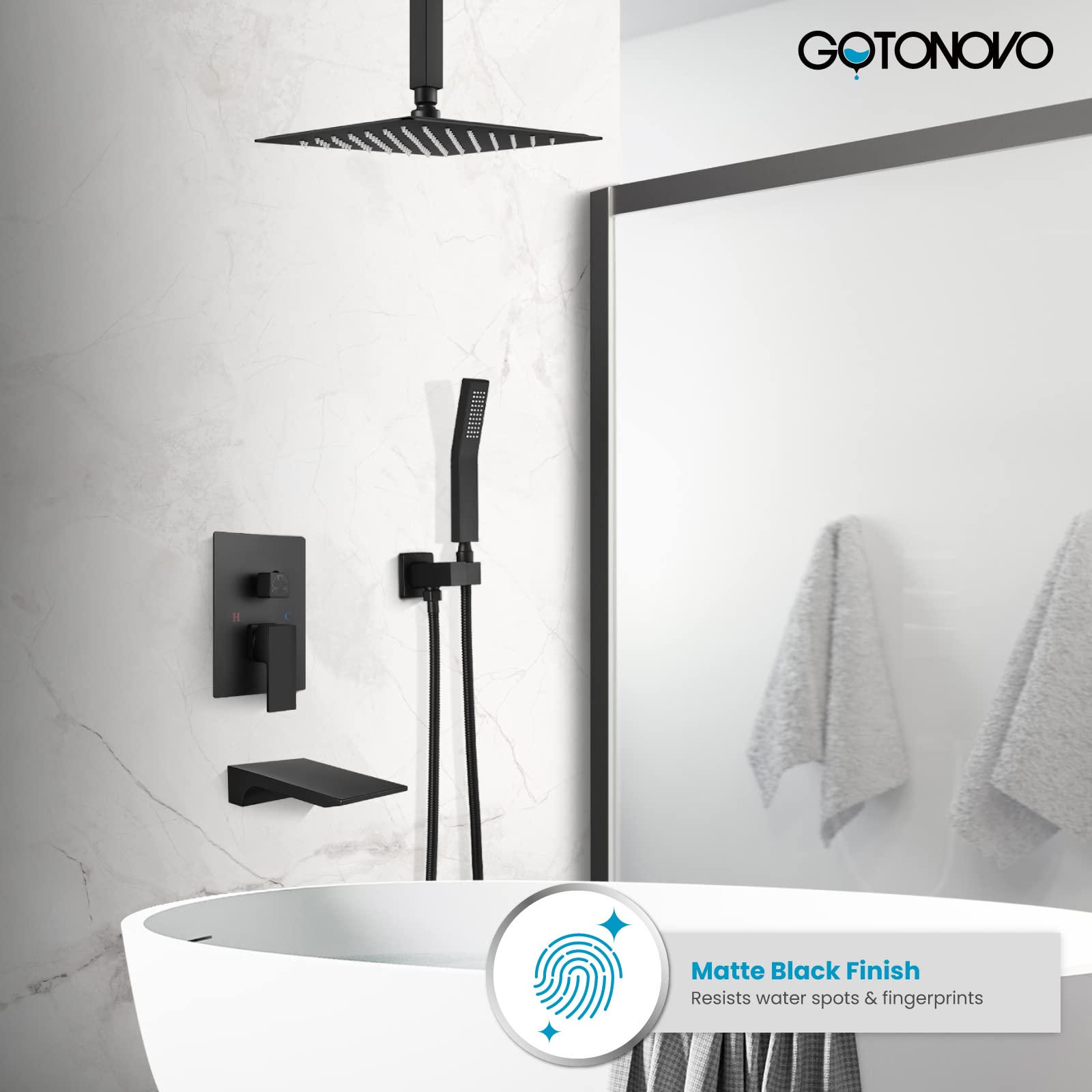 Gotonovo 12 Inch Matte Black Ceiling Mount Shower System - Triple Function Bathroom Shower Faucet Set with Tub Spout, High Pressure Square Rain Showerhead & Hand Shower - Perfect for Modern Bathroom Renovations and Spa-Like Shower Experience