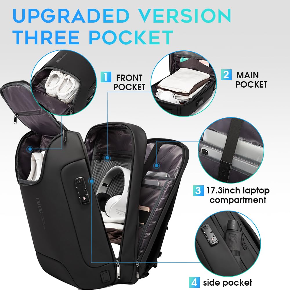 BANGE Anti-Theft Waterproof Laptop Backpack for Men - USB 3.0 Charging Port Business Travel Backpack Fits 17.3 Inch Notebook - Perfect for Commuting, College & Outdoor Adventures