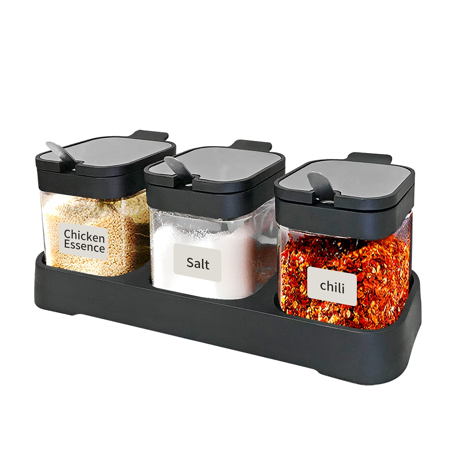Premium Glass Spice Jars Set of 3 with 304 Stainless Steel Lids & Spoons - Clear Airtight Condiment Canisters for Salt, Sugar & Seasonings - Perfect Kitchen Storage Containers for Pantry, Baking & Cooking Organization