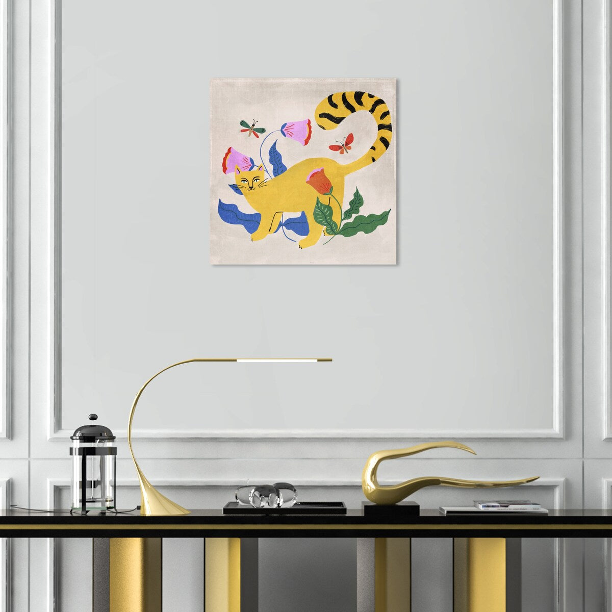 Modern Yellow Floral Kitten Butterfly Canvas Wall Art Print - Blonde Tabby Cat Garden Decor for Bedroom, Living Room & Nursery | Home Wall Decorations
