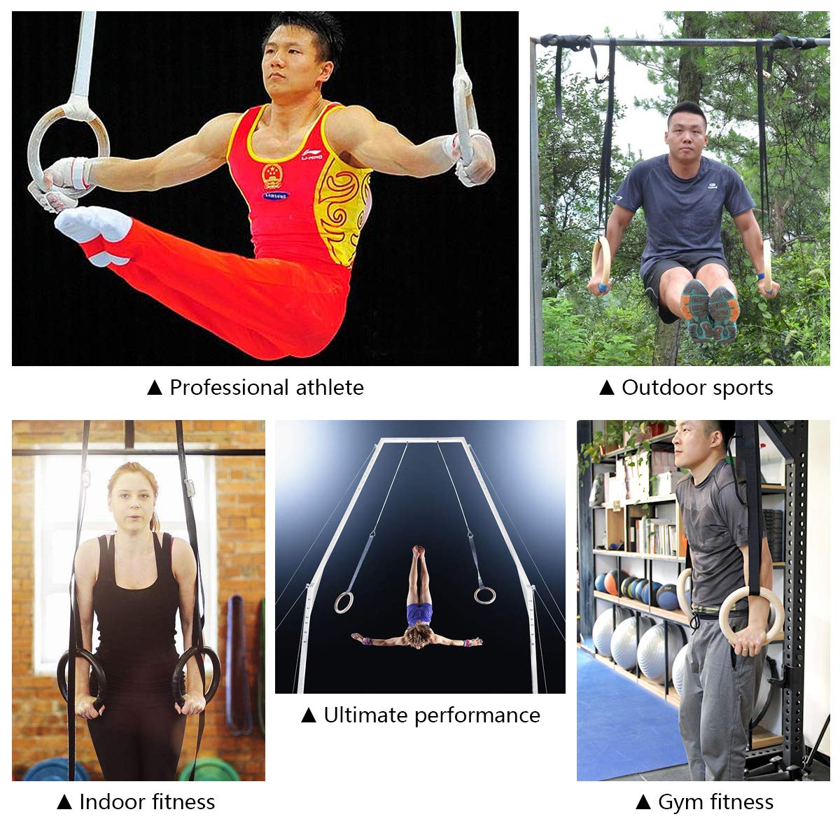 AUPCON Wood Gymnastic Rings - Olympic Gym Rings with Adjustable Straps for Pull Ups, Strength Training, Dips & Home Workouts - Perfect for CrossFit, Calisthenics & Outdoor Fitness